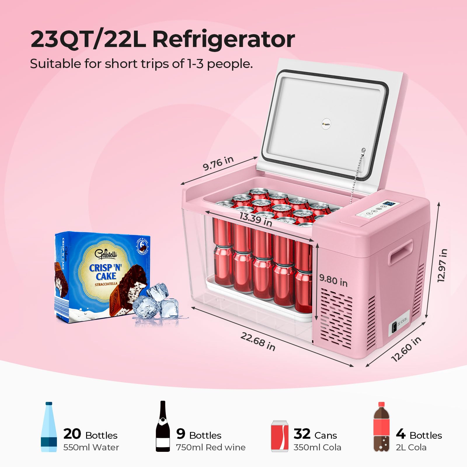 BougeRV Portable Refrigerator 23 Quart - 12 Volt Fridge & Freezer, Pink, Model CR02203, -7℉ to 50℉ for Truck, Van, RV,