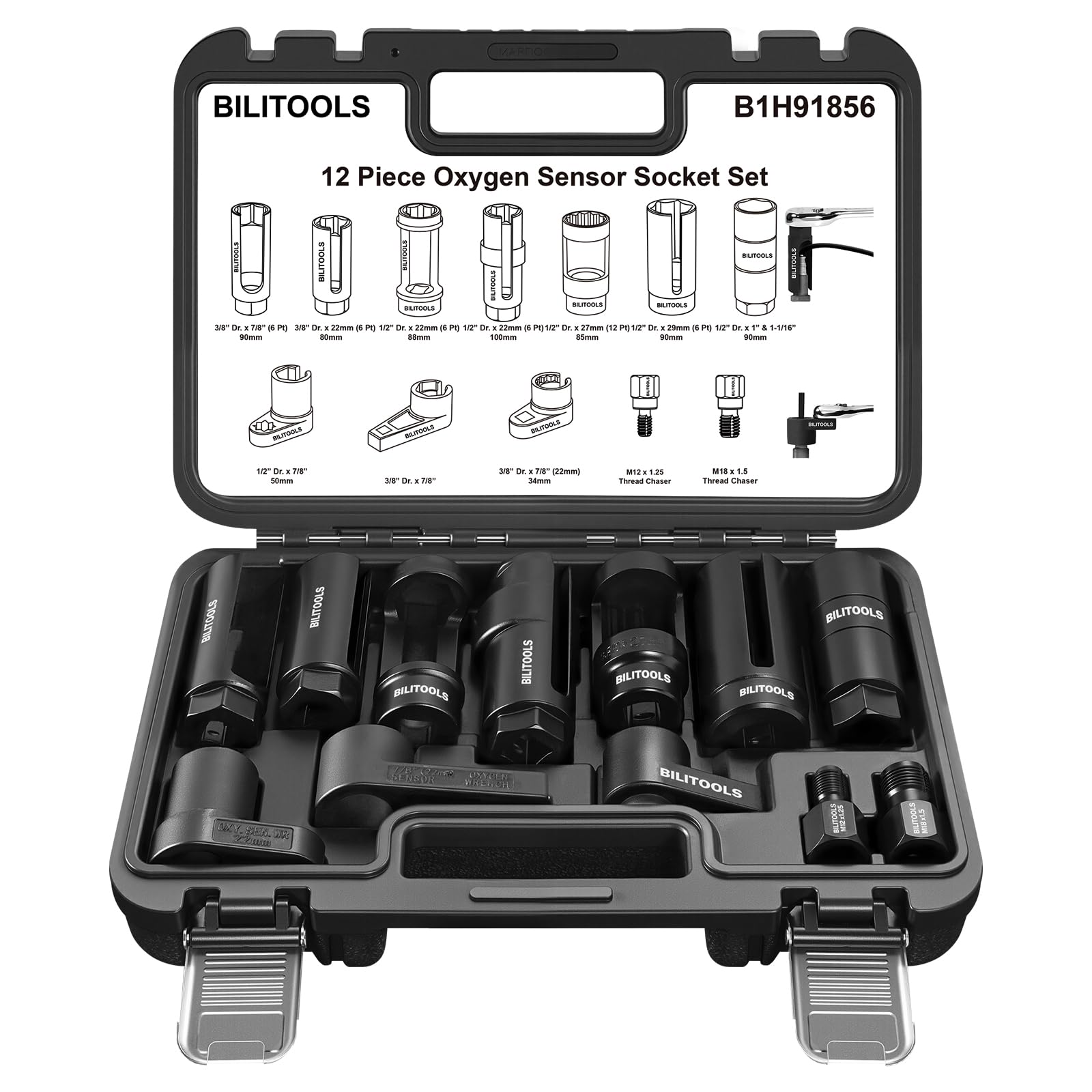 BILITOOLS 12-Piece O2 Oxygen Sensor Socket Set 7/8 (22mm), 1 & 1-1/16, Offset Oxygen Sensor Wrench Set includes Oil Pressure Swi