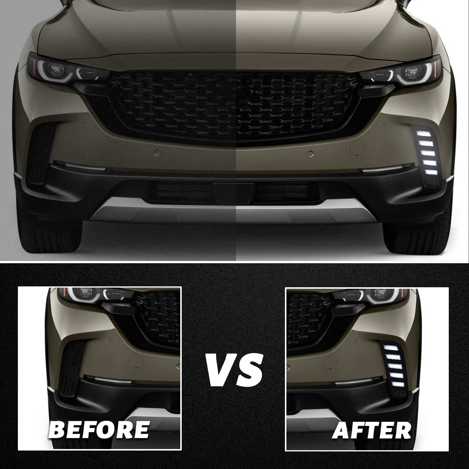 PGTOPONE Switchback White/Amber LED Fog Light with Sequential Turn Signal for Mazda CX-50 2023-2024, Smoked Trim, Model PGCX50DRL20231106