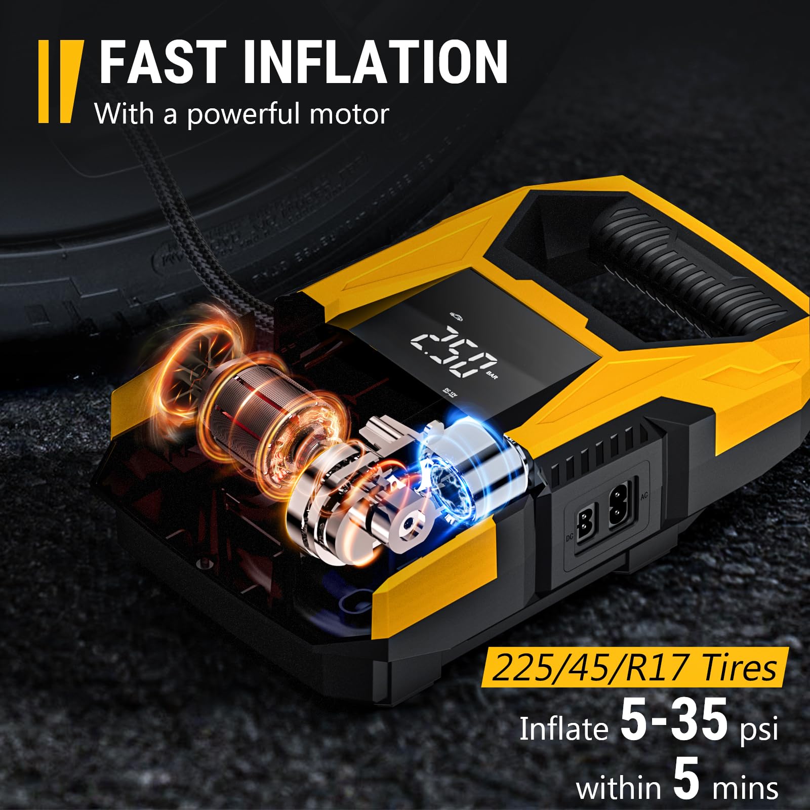 CARSUN Portable AC/DC Tire Inflator, 110V AC/12V DC, Auto Shutoff, Pressure Gauge, Yellow, Model T2221-Y