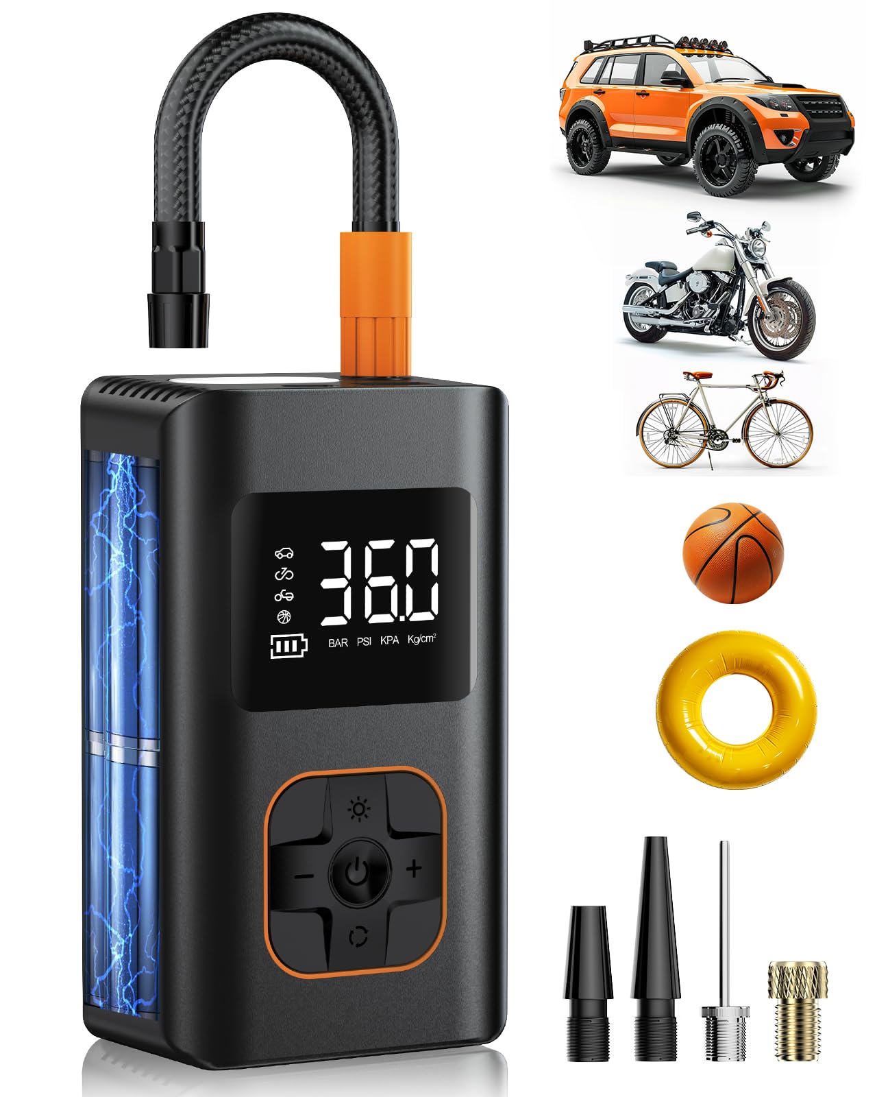 Tire Inflator Portable Air Compressor, 8000Mah Cordless Air Pump For Car Tires, 150 Psi Electric Bike Tire Pump With Led Light A