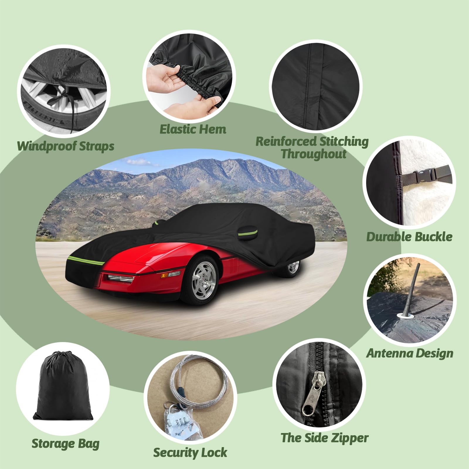 BETERNY Car Cover for 1984-1996 Corvette C4, 6 Layers Waterproof, Black, Model BN-2014990, UV Protection, Zipper Door, Windproof Straps