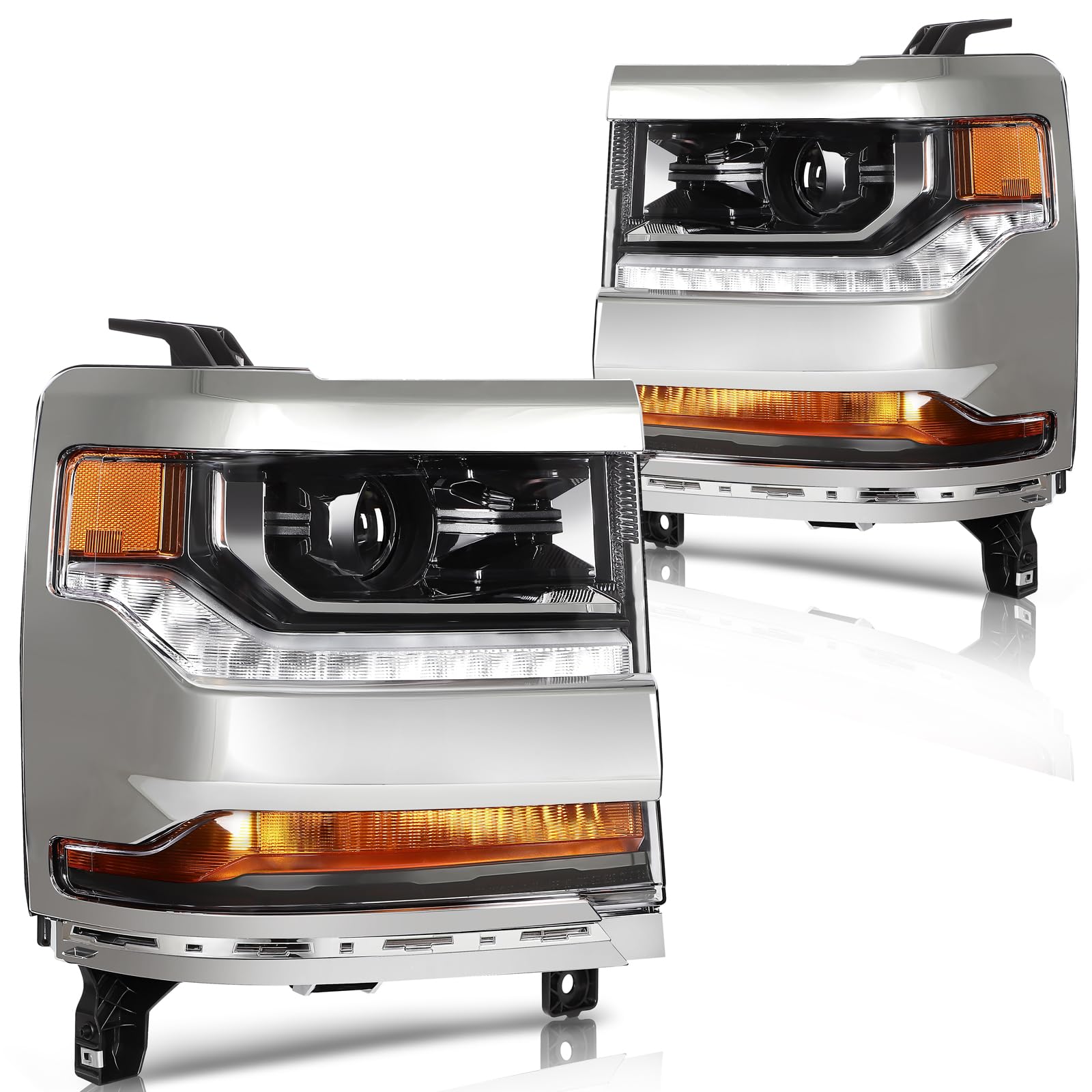 LBRST Headlight Assembly Fit 2016-2018 for Silverado 1500, 2019 for Silverado 1500 LD Driver & Passenger Side Headlight Chrome H