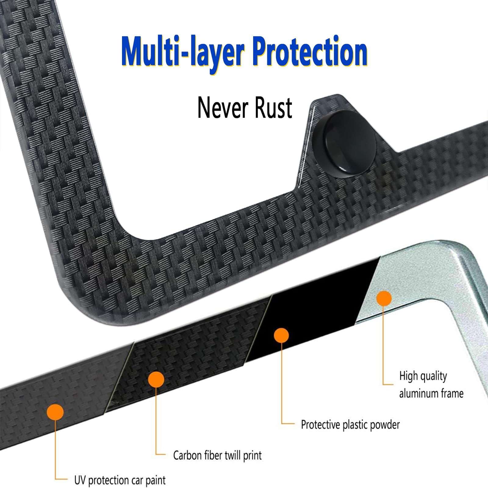 Aootf Carbon Fiber License Plate Frames -4 Holes Black Aluminum Car Tag Cover Holder Printing Carbon Fiber Pattern, Metal Slim S