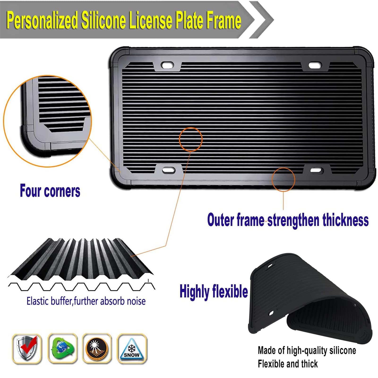 Zxfoog Black License Plate Frame- Silicone License Plate Cover Holder For Front Or Rear Car Tag, Rustproof Rattle Proof With Mou