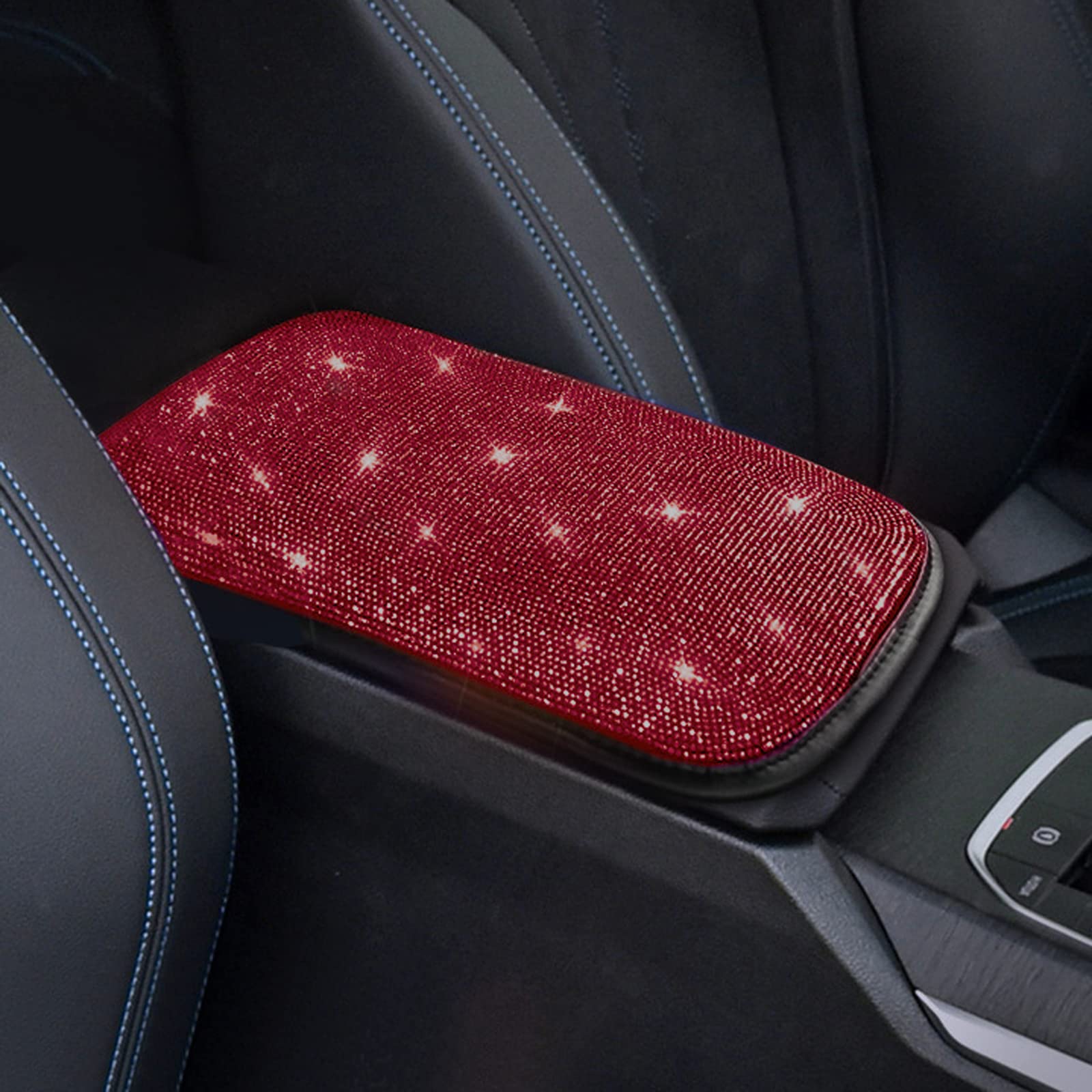 Funojoy Car Armrest Cover For Women Red Car Accessories Bling Diamond Rhinestone Auto Center Console Cover Pad Car Decor For Wom