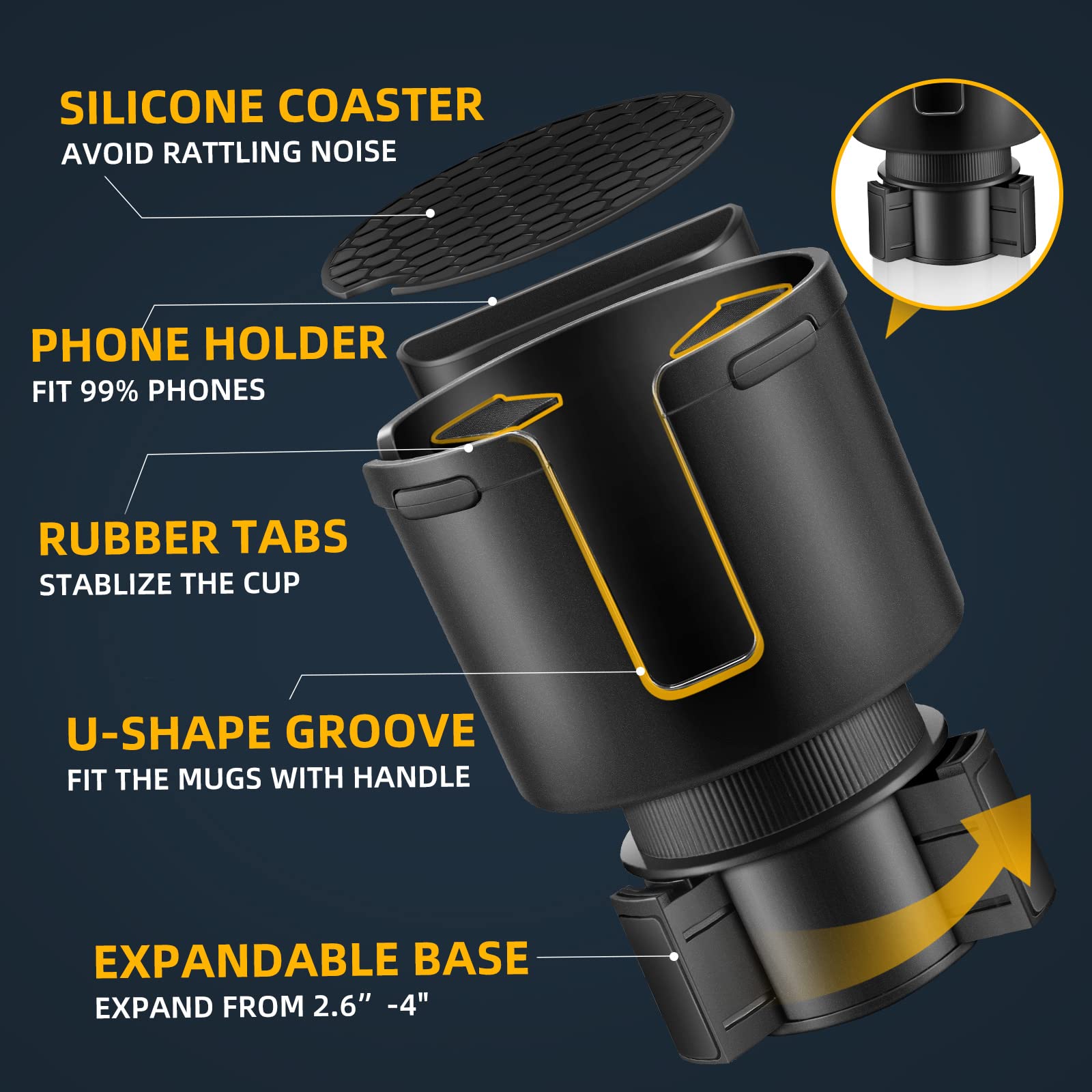 Tykor Car Cup Holder Expander, Cup Holder Extender Adapter For Car With Adjustable Base, Fits Yeti 24/36/46Oz, Hydroflask 32/40O