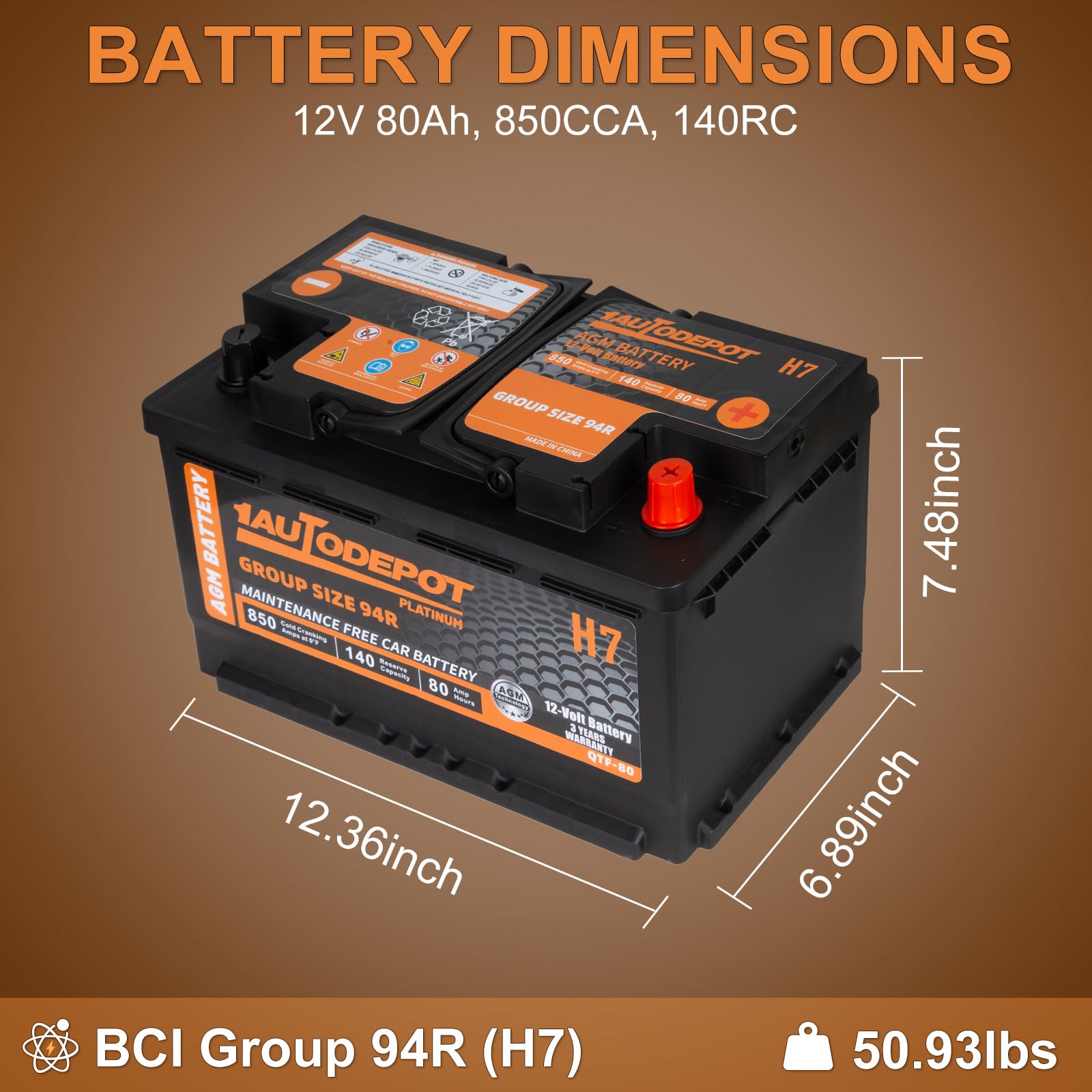 1AUTODEPOT BCI Group 94R Car Battery, 12V 80Ah AGM, 850 CCA, Maintenance Free, Model BAB-0071