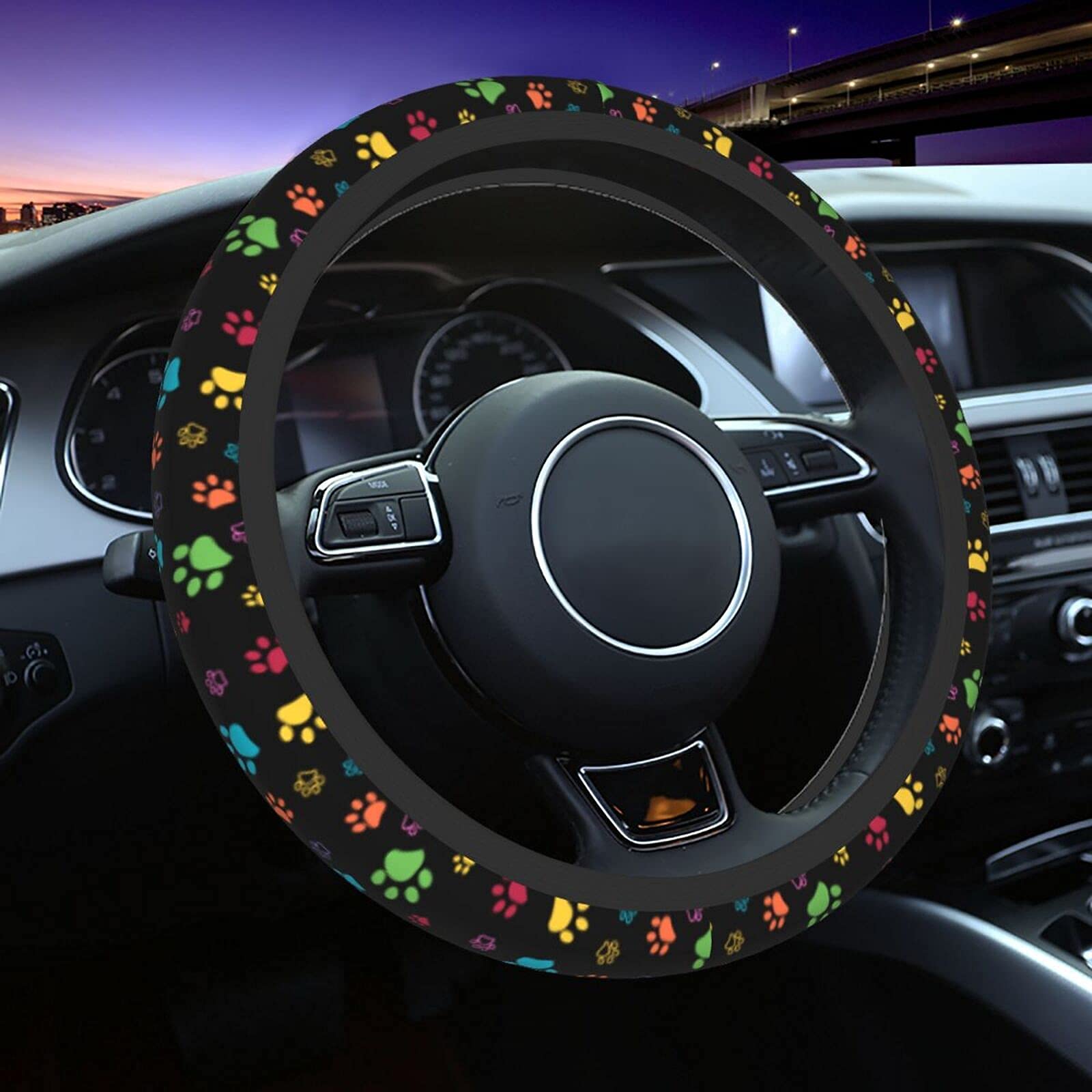 Dog Paw Print Steering Wheel Covers Universal 15 Inch Non Slip Neoprene Steering Wheel Protector Cover For Men Women Teen