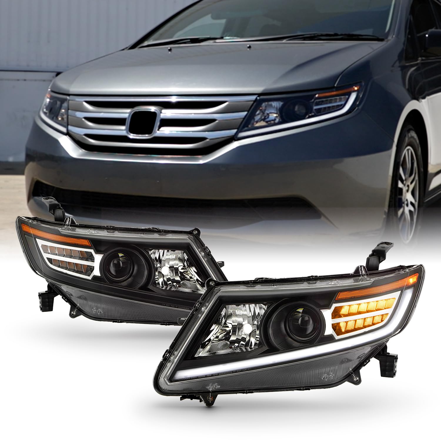 AKKON - Fit 2011-2017 Honda Odyssey 11-17 Halogen Type Projector Headlights w/LED Stripe Sequential Turn Signal Black Housing Dr