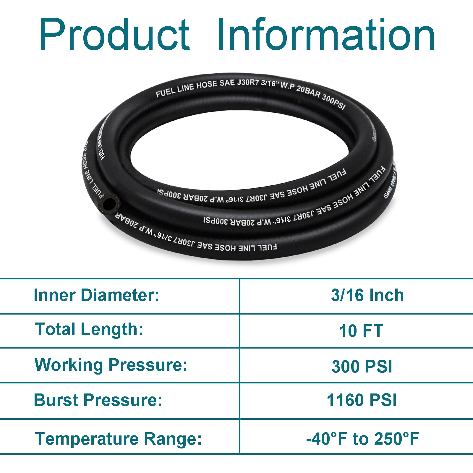 HOUSUN 3/16 Inch ID Fuel Line Hose, 10FT J30R7 NBR with 10 Clamps - Black Fuel Hose for Gasoline, Diesel, and Oil