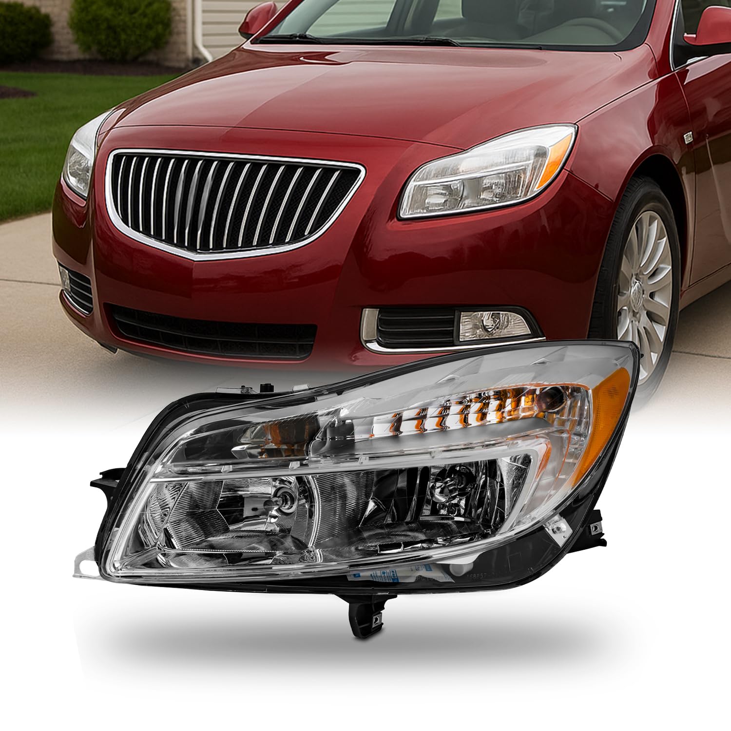 AKKON - Fits 2011 2012 2013 Buick Regal [Halogen Type] Chrome Headllight Headlamp Driver Left Side Replacement 11 12 13