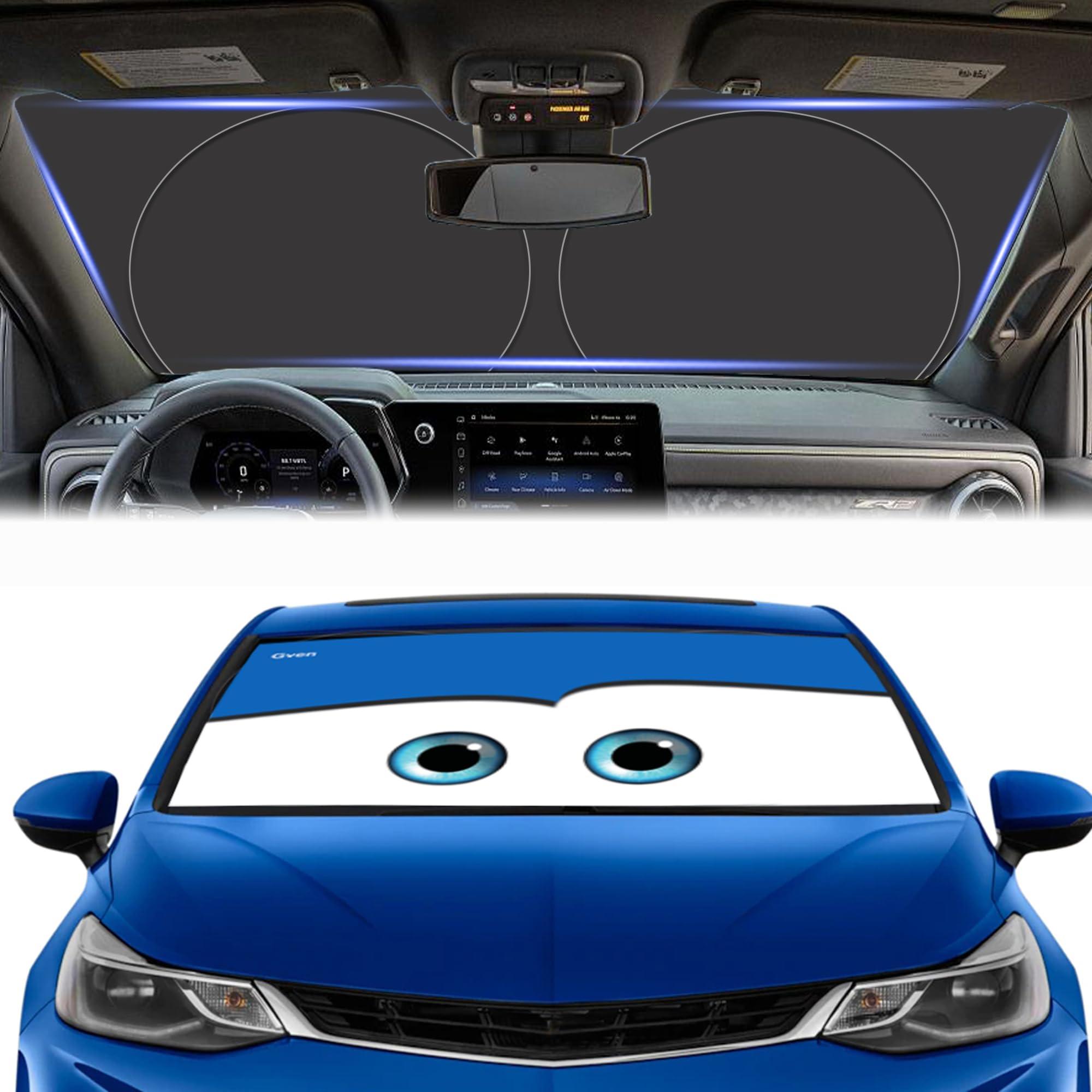 Gven Windshield Sun Shade, 2024 Car Sun Shade For Front Windshield Funny Car Eyes Sunshades Sun Visor Protector Blocks Uv Rays F