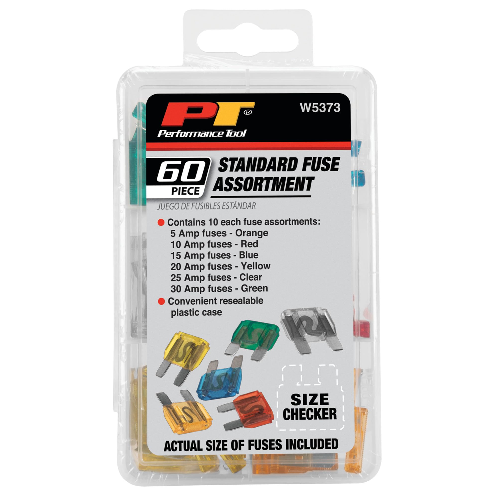 Performance Tool W5373 60-Piece Standard Fuse Assortment With Wide Range Of Amp Ratings (5A, 10A, 15A, 20A, 25A, And 30A).