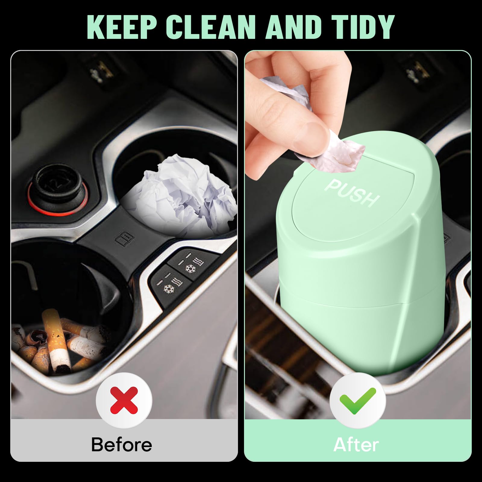 Car Trash Can Bin With Lid - 2 Packs Car Garbage Can Cup Holder - Green Mini Leakproof Vehicle Trash Garbage Can Bin With 40Pcs