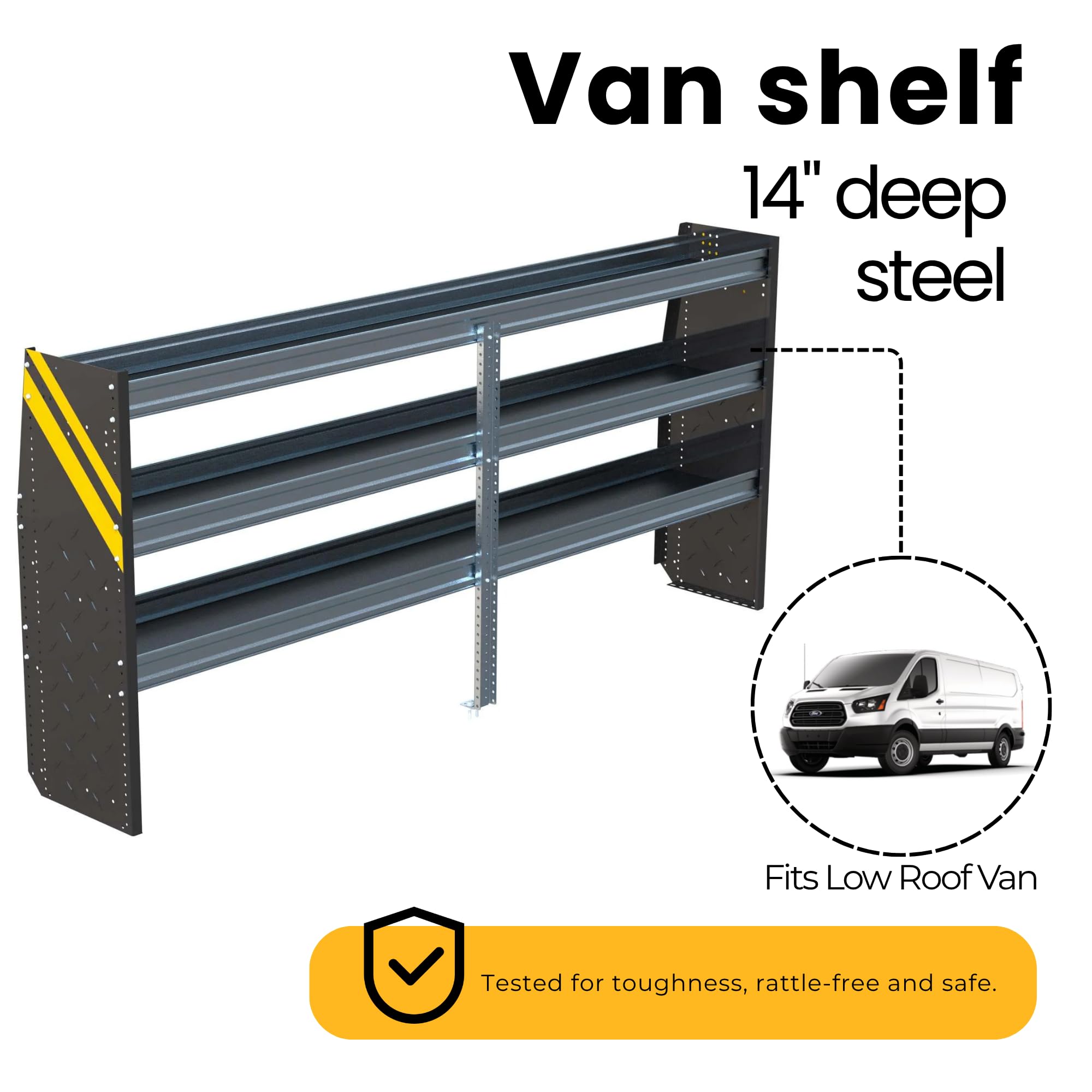American Truck Equipment Ranger Design Steel Shelving Unit For Low Roof Van, 14' X 44.5' X 96'. Model: N4-Rs96-3