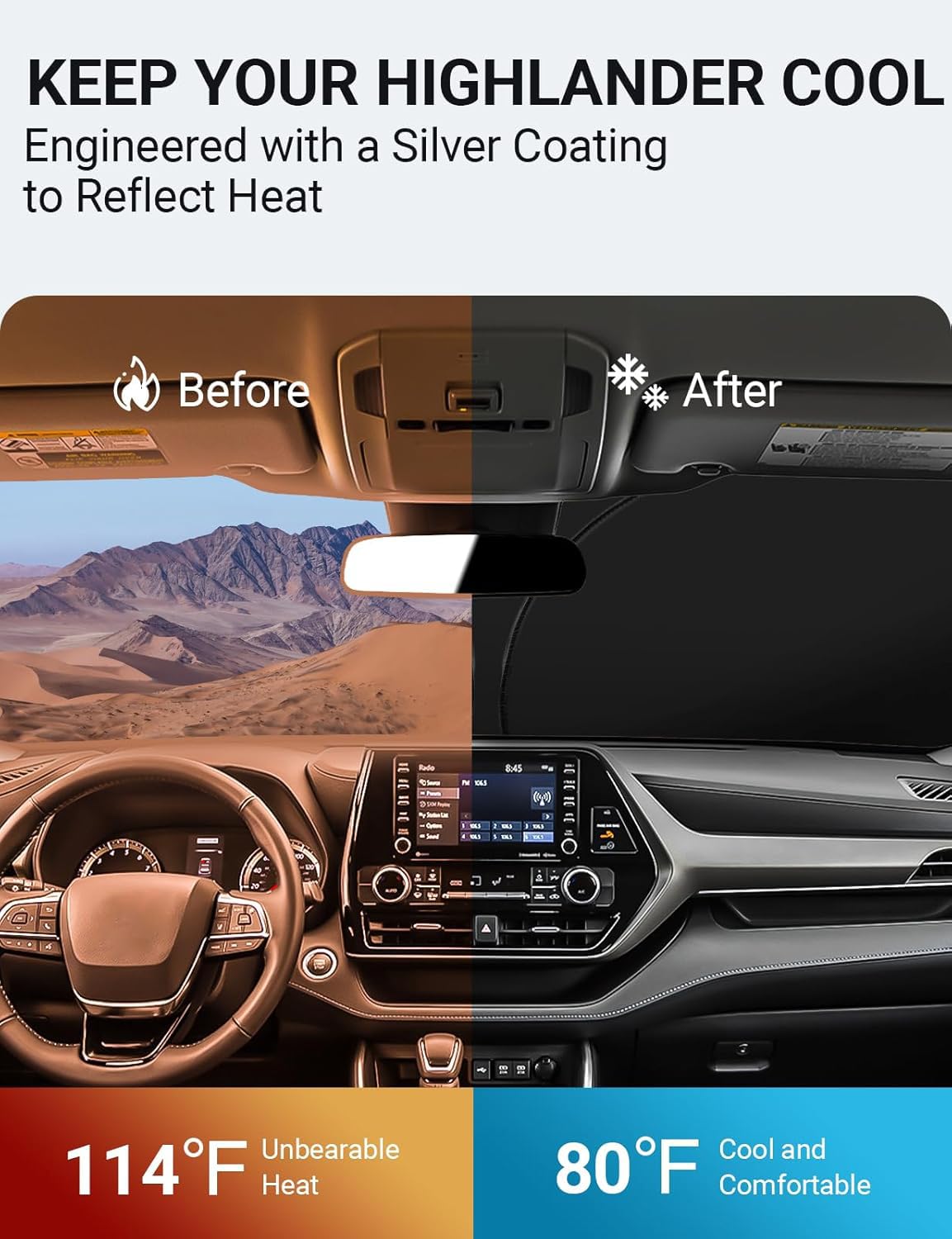 Proadsy Front Windshield Sun Shade Foldable Sunshade Protector Custom Fit 2020-2024 2025 Highlander L Le Xle Limited Platinum Grand Highlander Accessories 2025 Upgrade