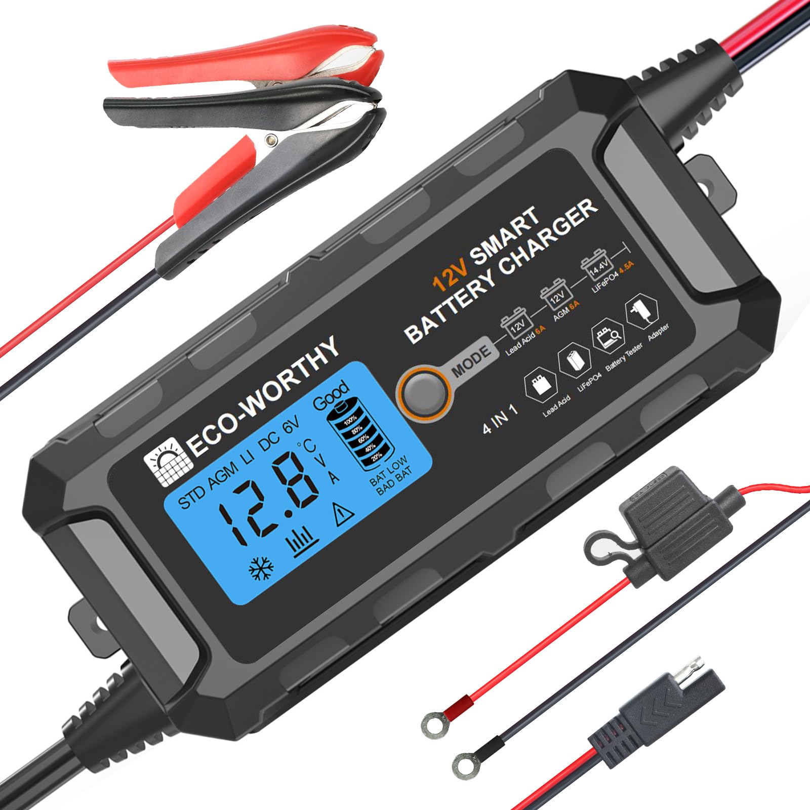 Eco-Worthy 5Amp 12V Automatic Smart Battery Charger And Maintainer With Lcd Display For Lead Acid And Lithium (Lifepo4) Battery