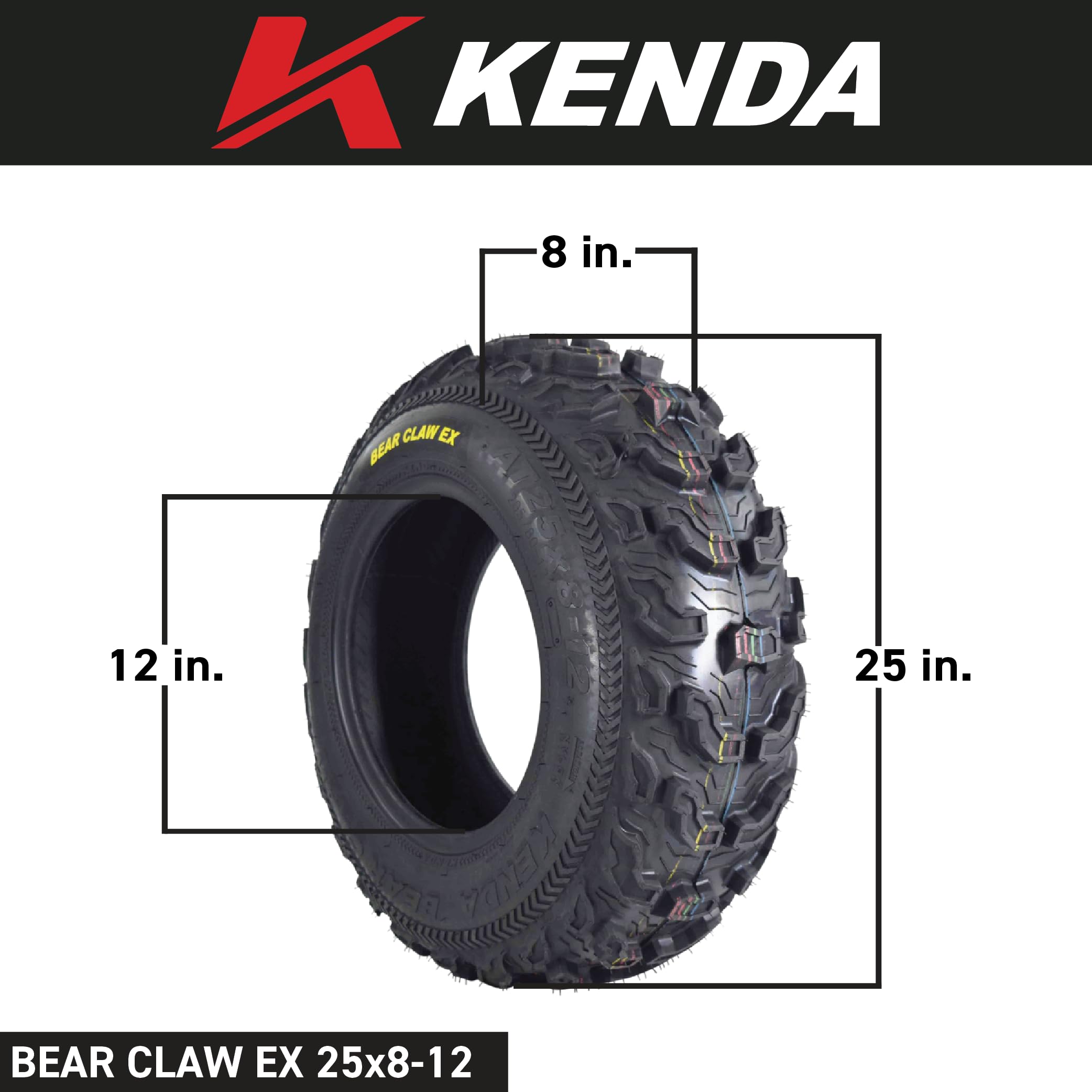 Kenda Bearclaw Ex K573-25X8-12 Front Tires For All Terrain (Atv), Utv, And Side By Side (Sxs) Vehicles - 6-Ply - Bear Claw Ex 25