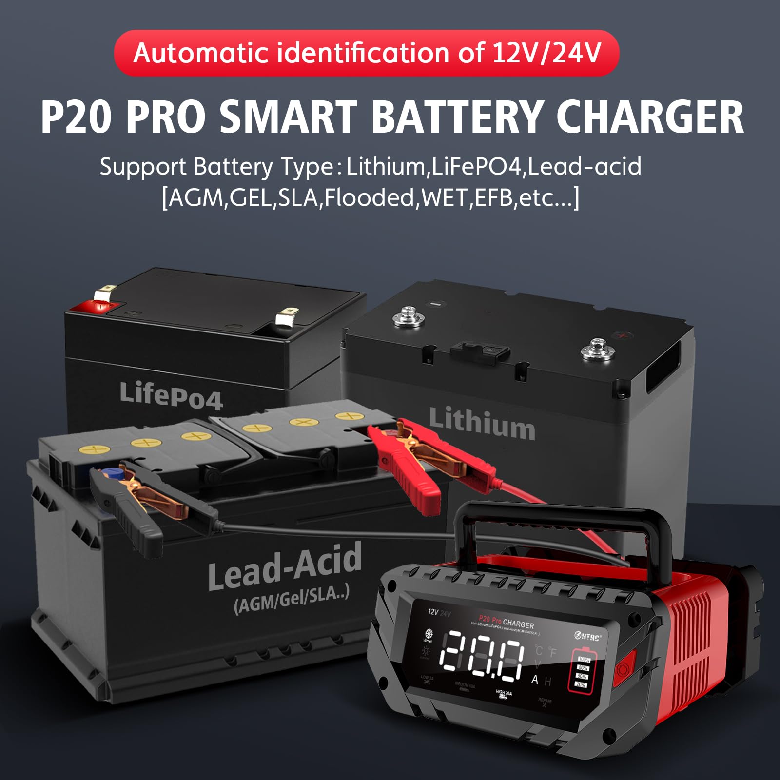 20 Amp Battery Charger, 12V/24V Fully-Automatic Smart Car Battery Charger, Lithium,Lifepo4 Float Charger, Trickle Charger, Maint