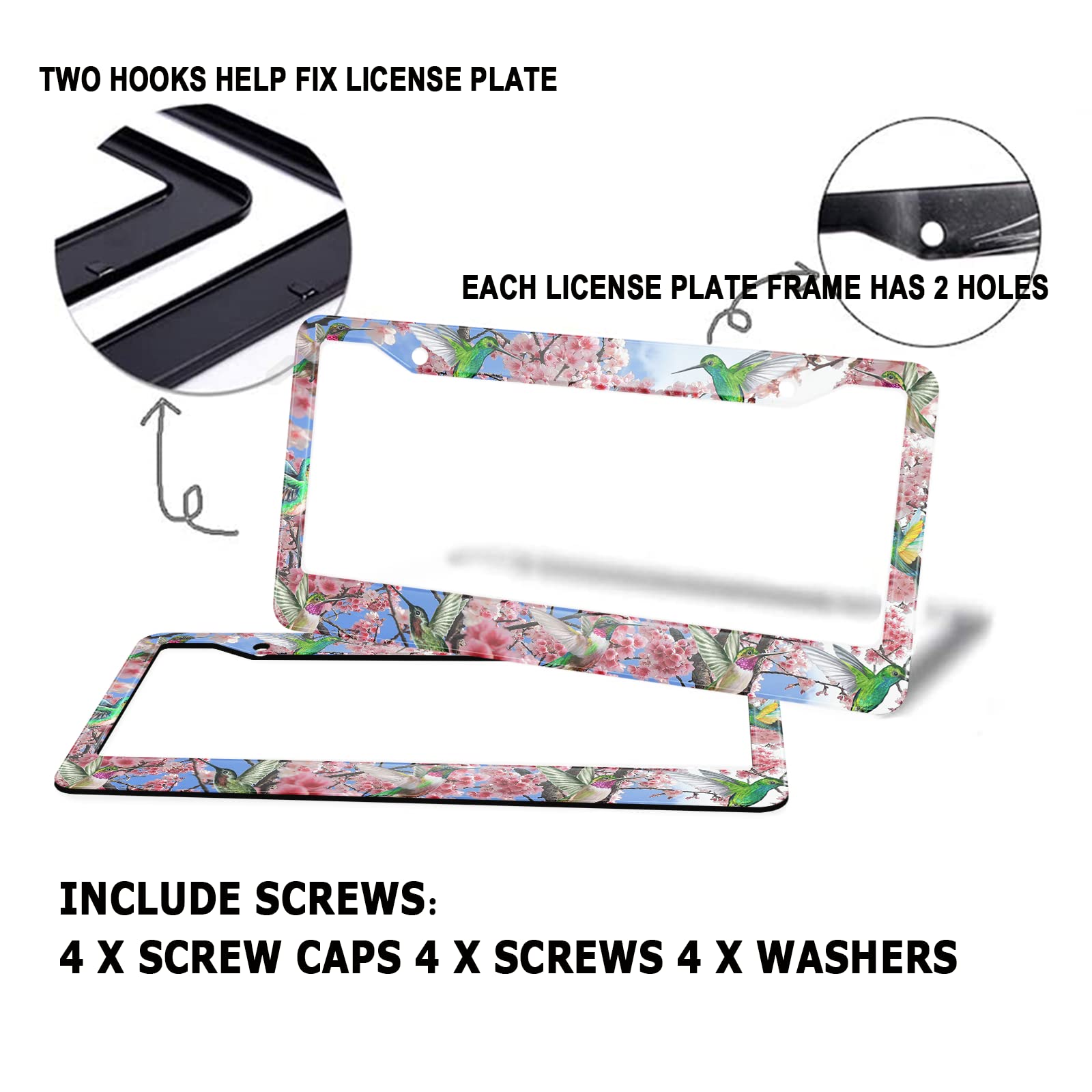 HOSNYE Hummingbirds License Plate Frame Black 2 Pcs Among The Peach Blossom Trees Metal Cute Licenses Plates Frames Licenses Pla