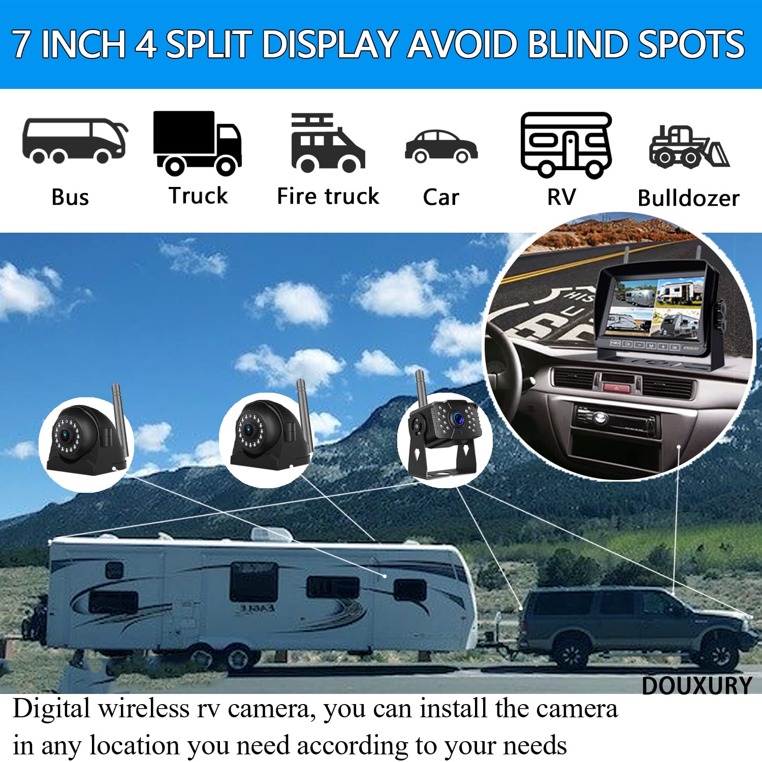 DOUXURY Wireless Backup Camera System - 5th Wheel RV Truck, 3 Cameras, 1080P, 7" Screen, Night Vision, IP69 Waterproof, Latest Model