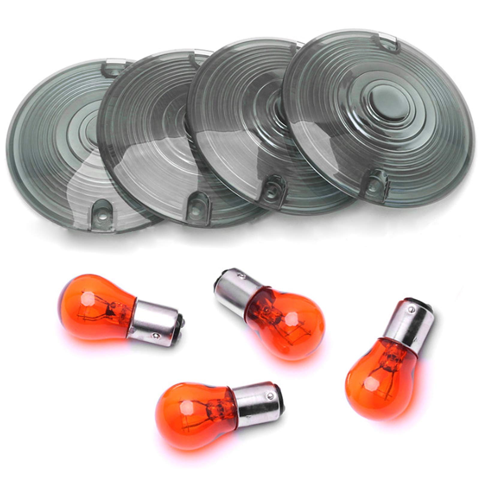 Perfectech 4 Pcs 3 1/4 Touring Oem Flat Black Smoked Turn Signal Lenses+Amber Bulbs For Harley Davidson Electra Glides Road King