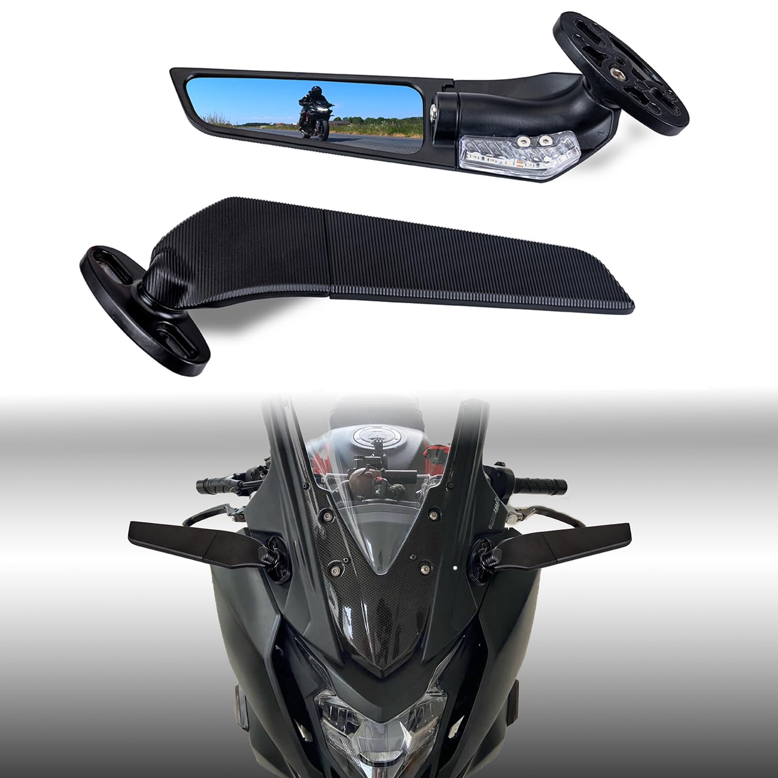 Xintre Motorcycle Rear View Mirrors with LED Turn Signal Lights Stealth Mirrors Compatible with Kawasaki Ninja 300 400 650 ZX6R,