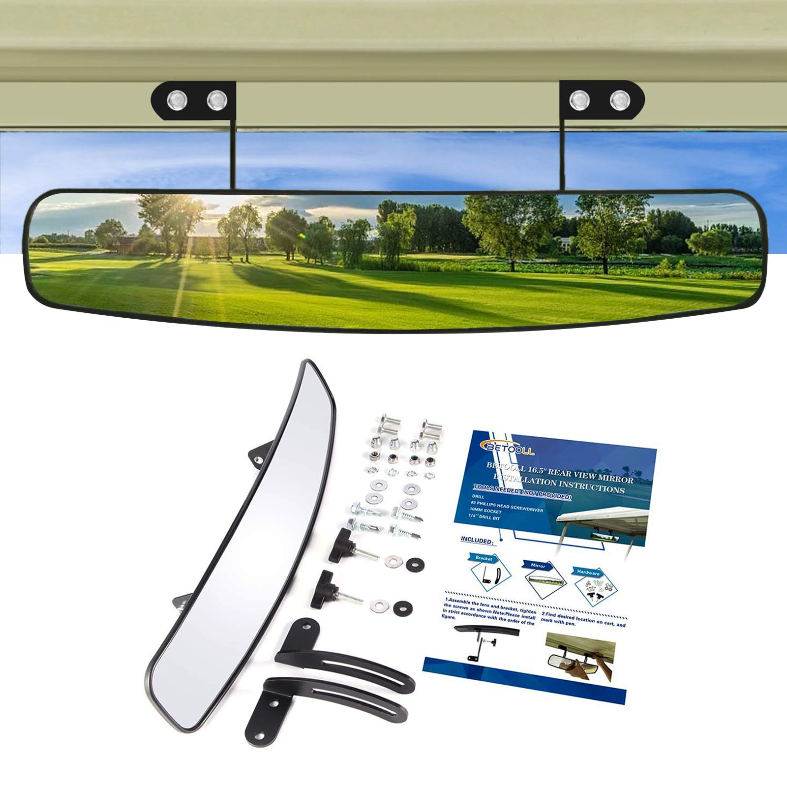 BETOOLL 16.5 Wide Rear View Convex Golf Cart Mirror for EZ Go, Club Car, Yamaha