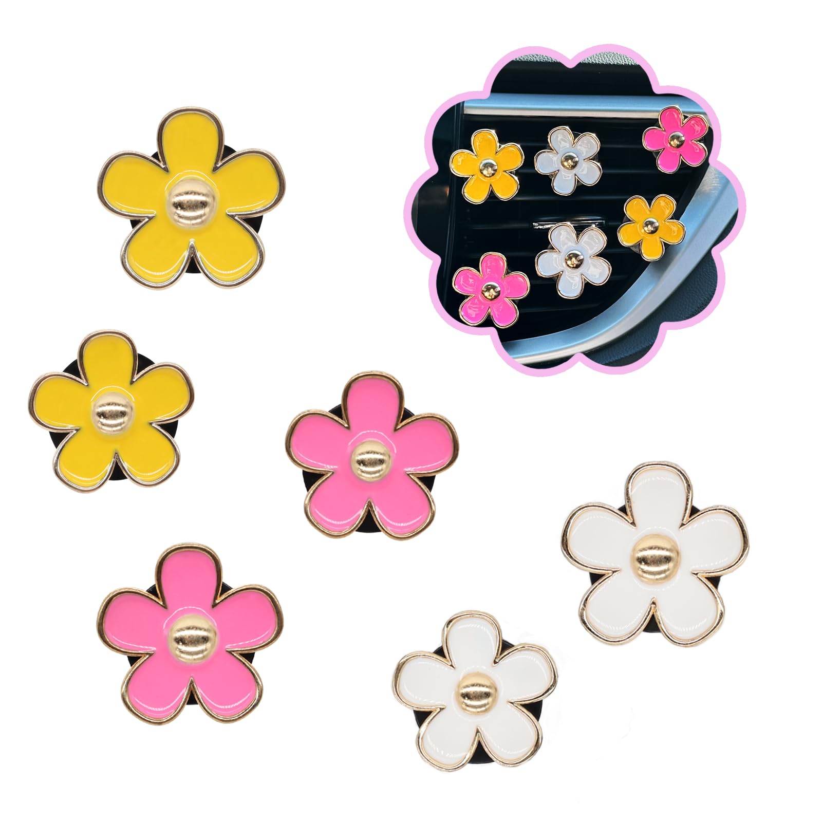 Oriesse 6Pcs Flowers Car Air Freshener Vent Clips,Pink Yellow White Daisy Flowers Air Vent Clip Car Accessories For Women,3.3Cm/
