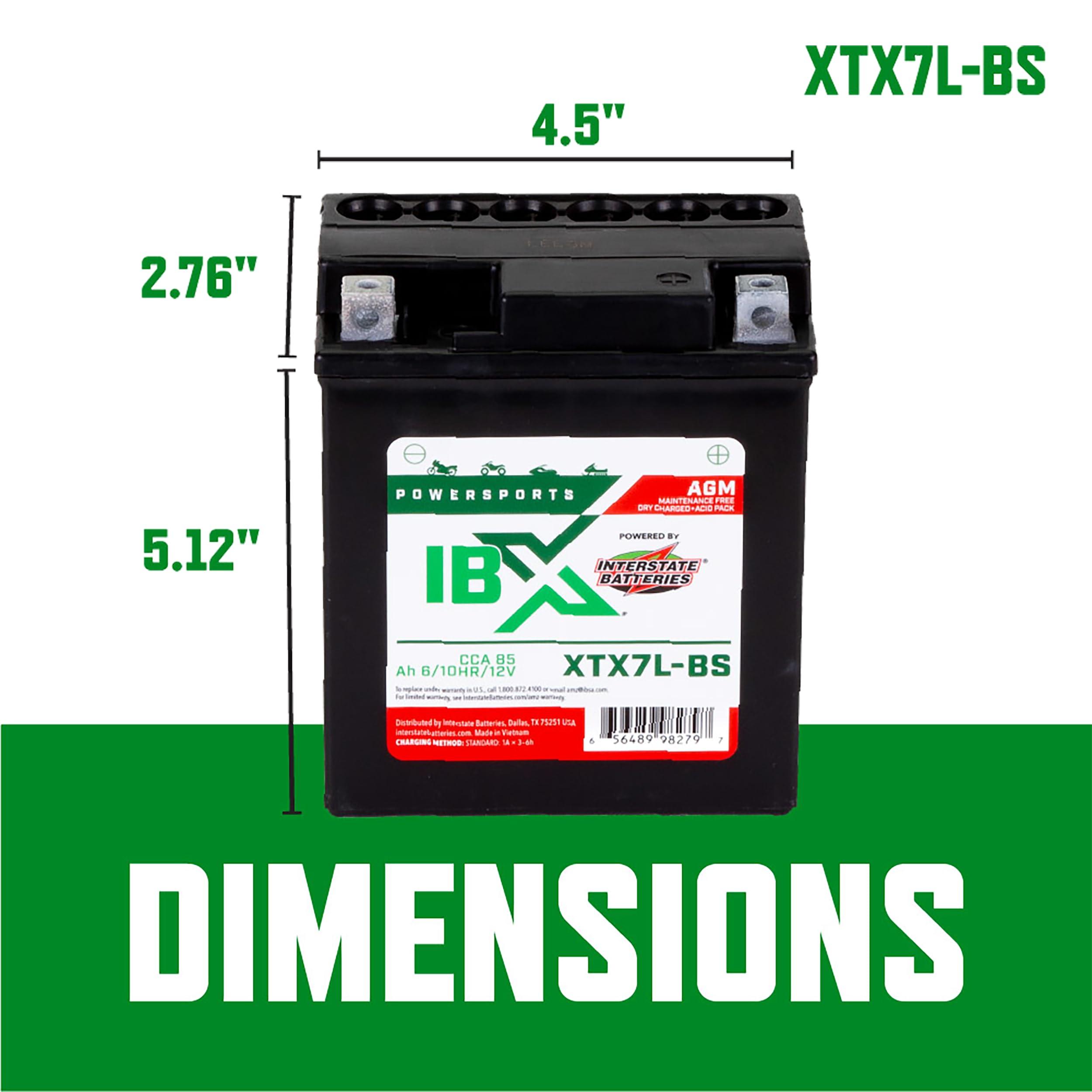 Interstate Batteries YTX7L-BS 12V 6Ah AGM Powersports Battery - 85CCA Replacement for Honda, Suzuki, Piaggio Motorcycles, ATVs, and Scooters