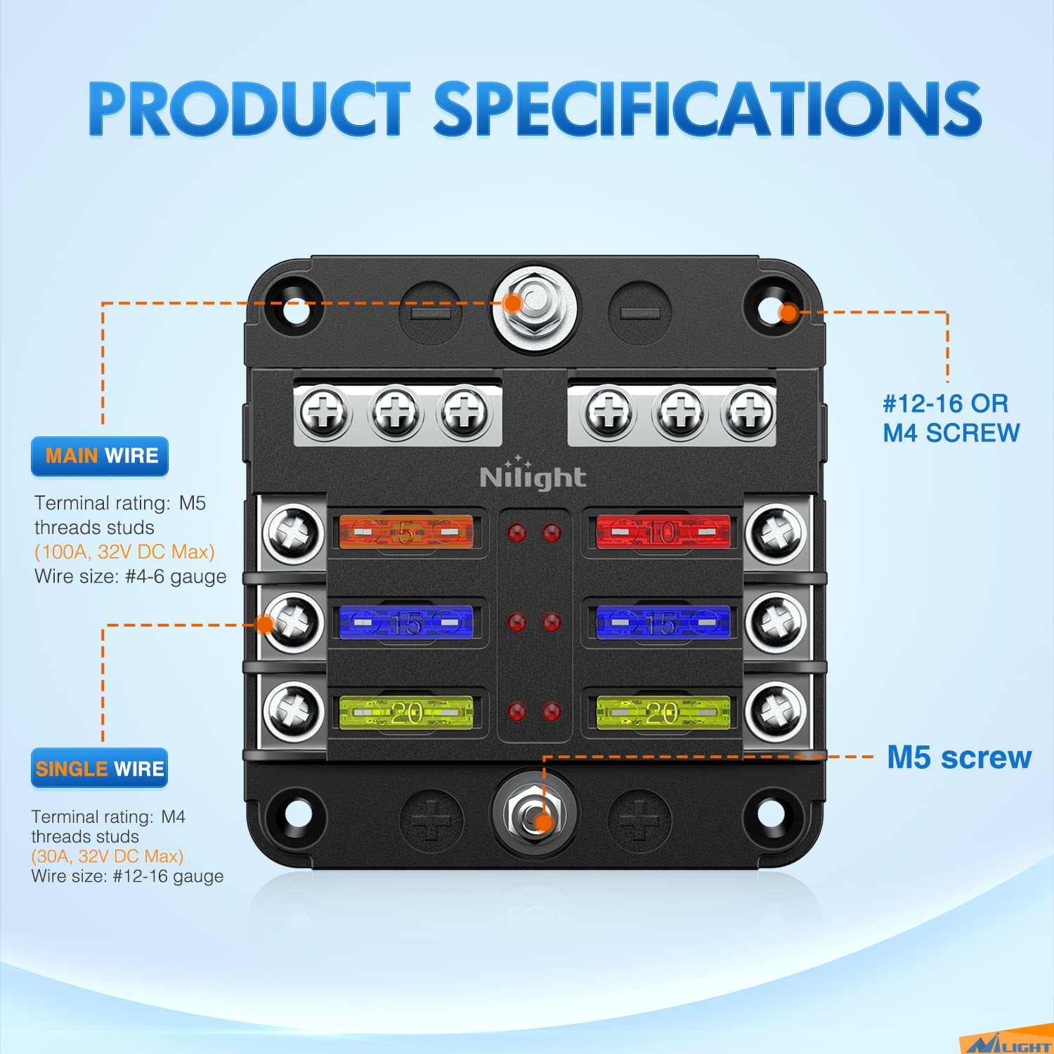 Nilight - 50055F 6 Way Blade Screw Fuse Block 6 Circuits With Negative Bus Fuse Box Holder With Led Indicator Ato/Atc Fuse Panel