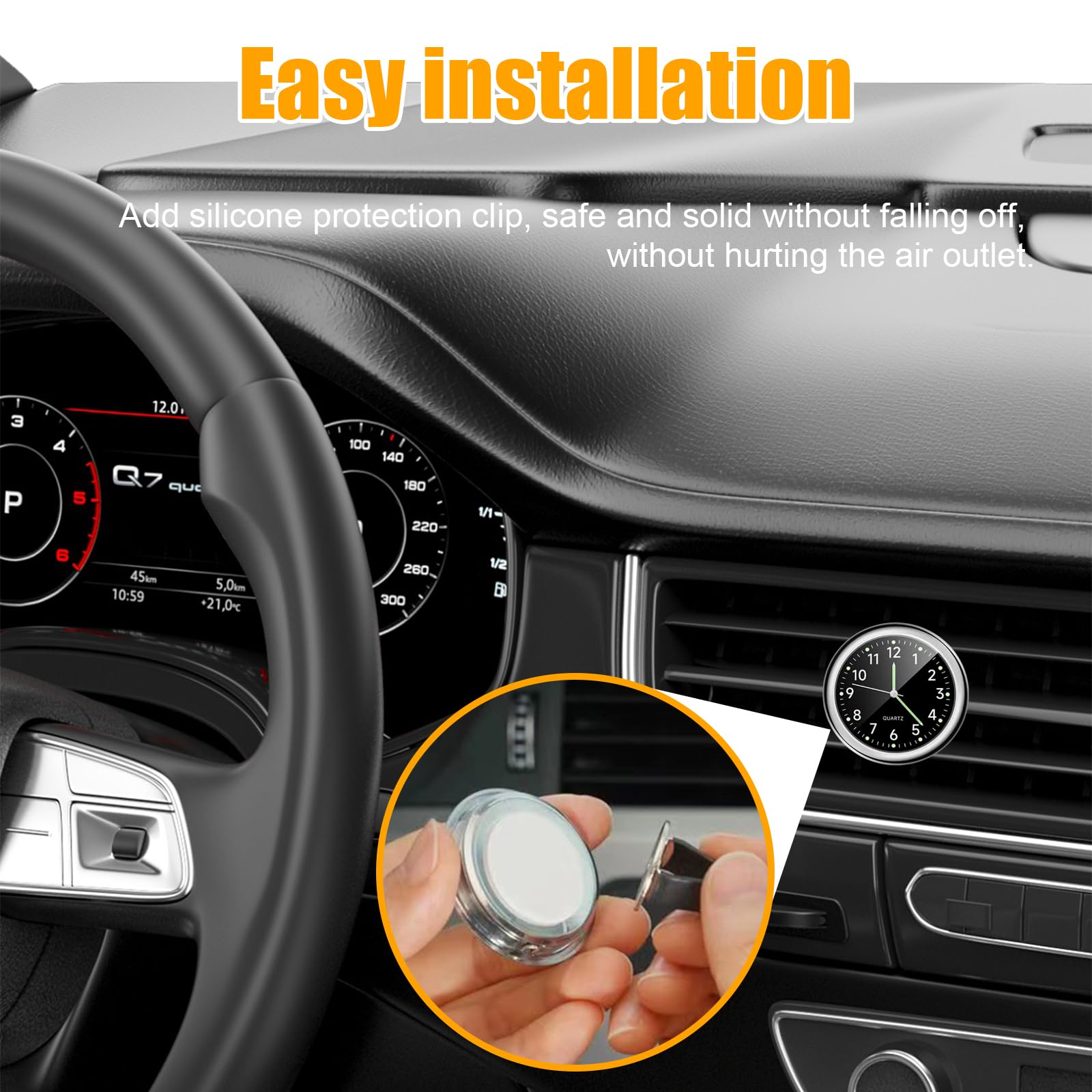 Dickno 2 Pcs Stick On Dashboard Car Clock, Mini Tiny Analog Quartz Luminous Air Vent Clocks, Self Adhesive Automotive Vent Clock