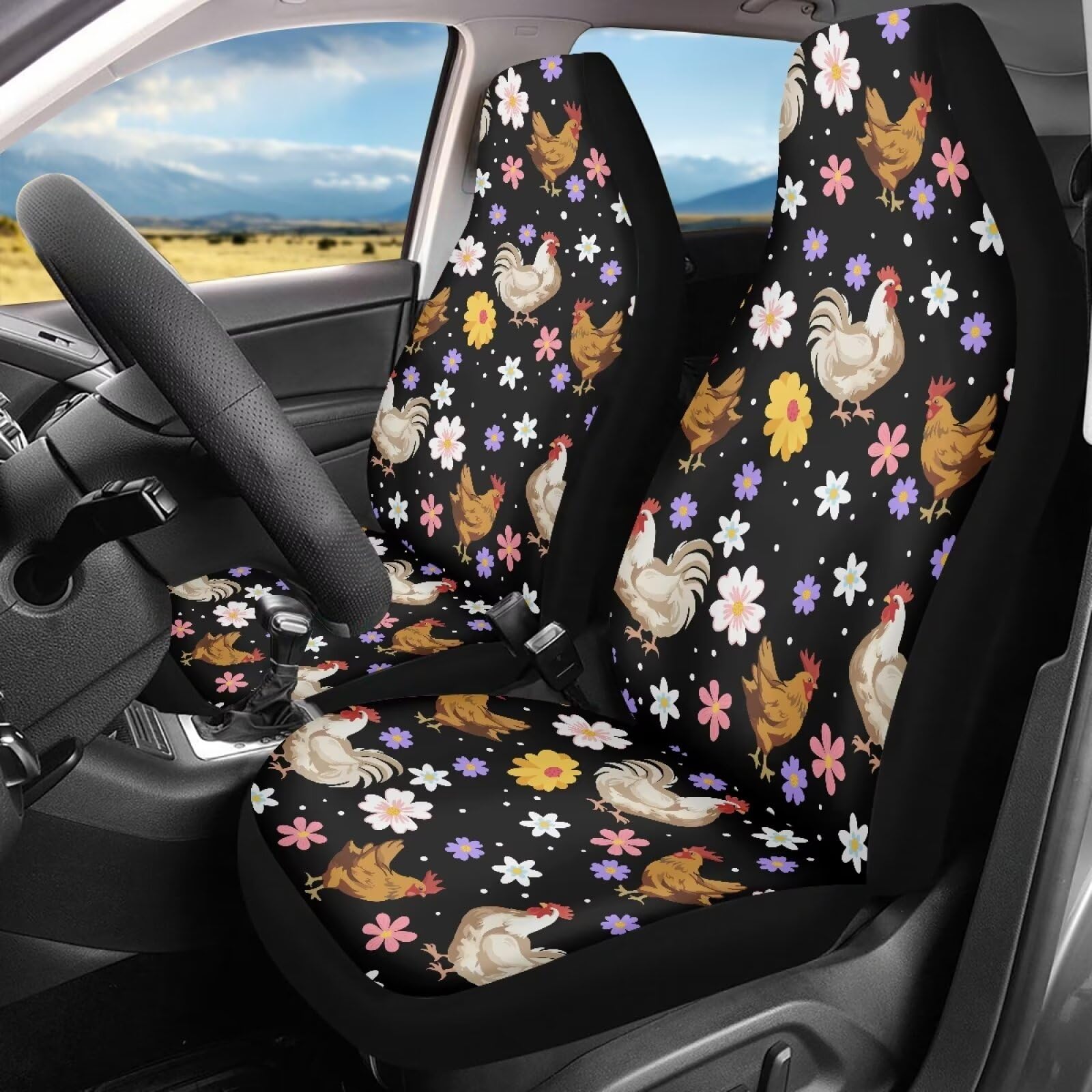 FUIBENG Car Seat Covers Set of 2, Breathable Polyester Protector, Groovy Flower and Chicken Design, Universal Fit for Front Seats
