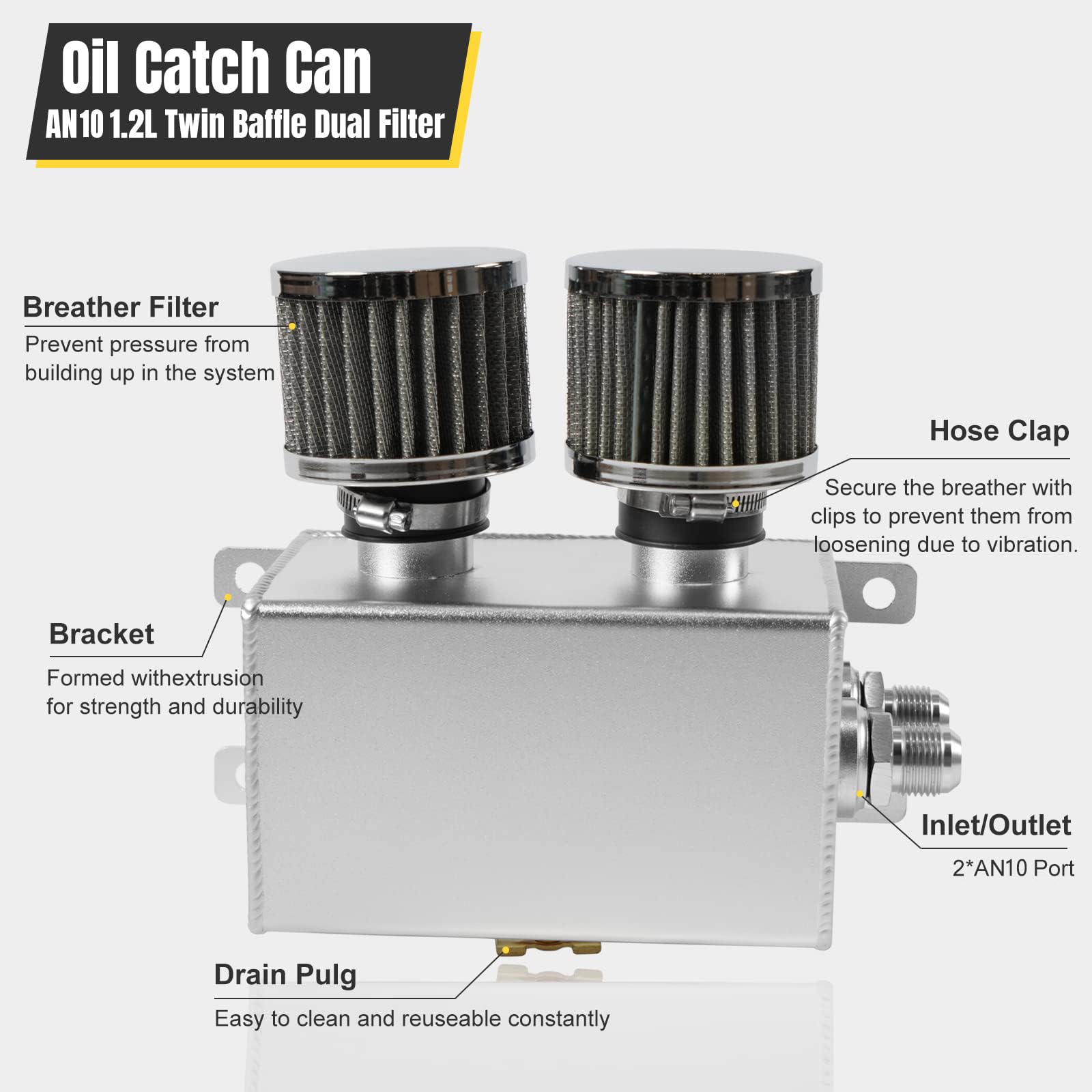 POSENG Universal Aluminum AN10 1.2L Twin Baffle Dual Filter Engine Oil Catch Can Tank With 2 Air Filters Oil Catch Reservoir Tan