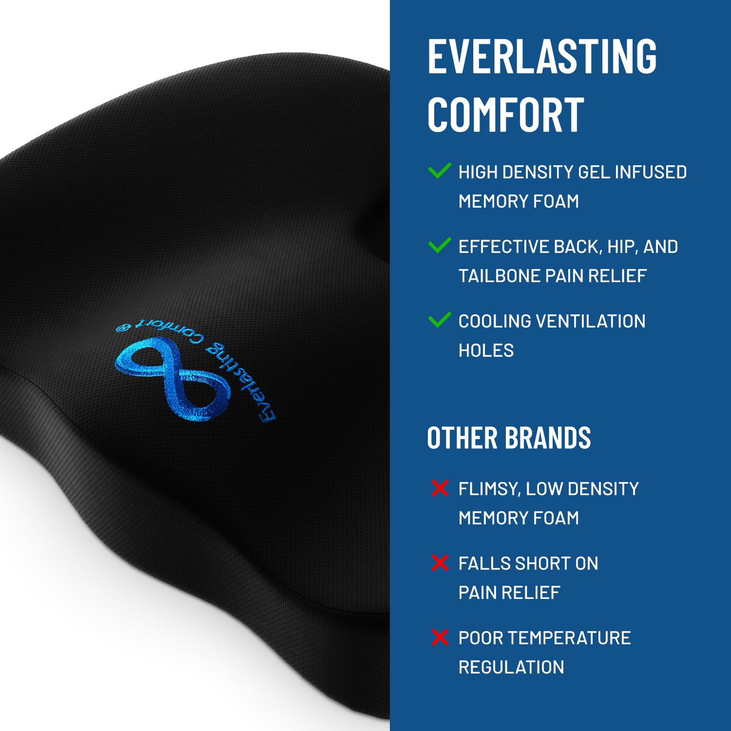 Everlasting Comfort Luxe Gel Infused Seat Cushion - Large Black Memory Foam for Tailbone Pain Relief