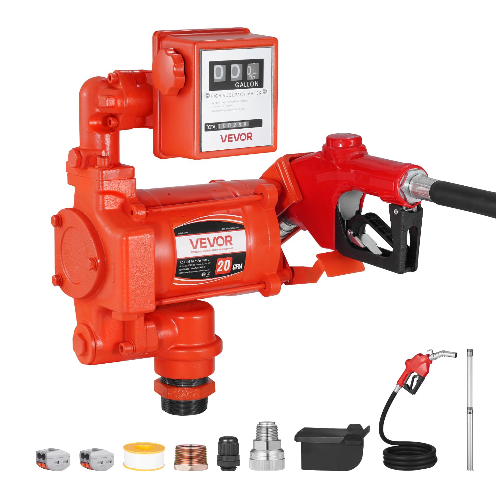 VEVOR Fuel Transfer Pump 110V, 20 GPM 76 L/min, AC Electric Oil Transfer Pump, with Meter, Auto Shut-Off Fuel Nozzle & Discharge