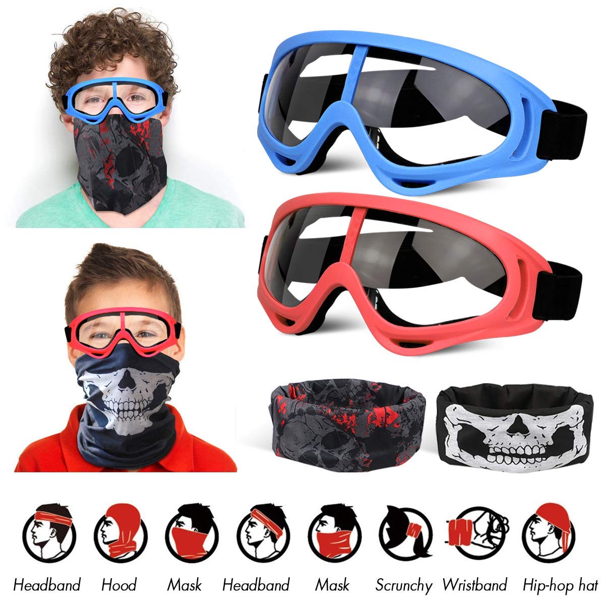 POKONBOY Protective Goggles & Safety Glasses - 2 Pack with Bandanas, Red & Blue, Compatible with Nerf Game Battle for Kids