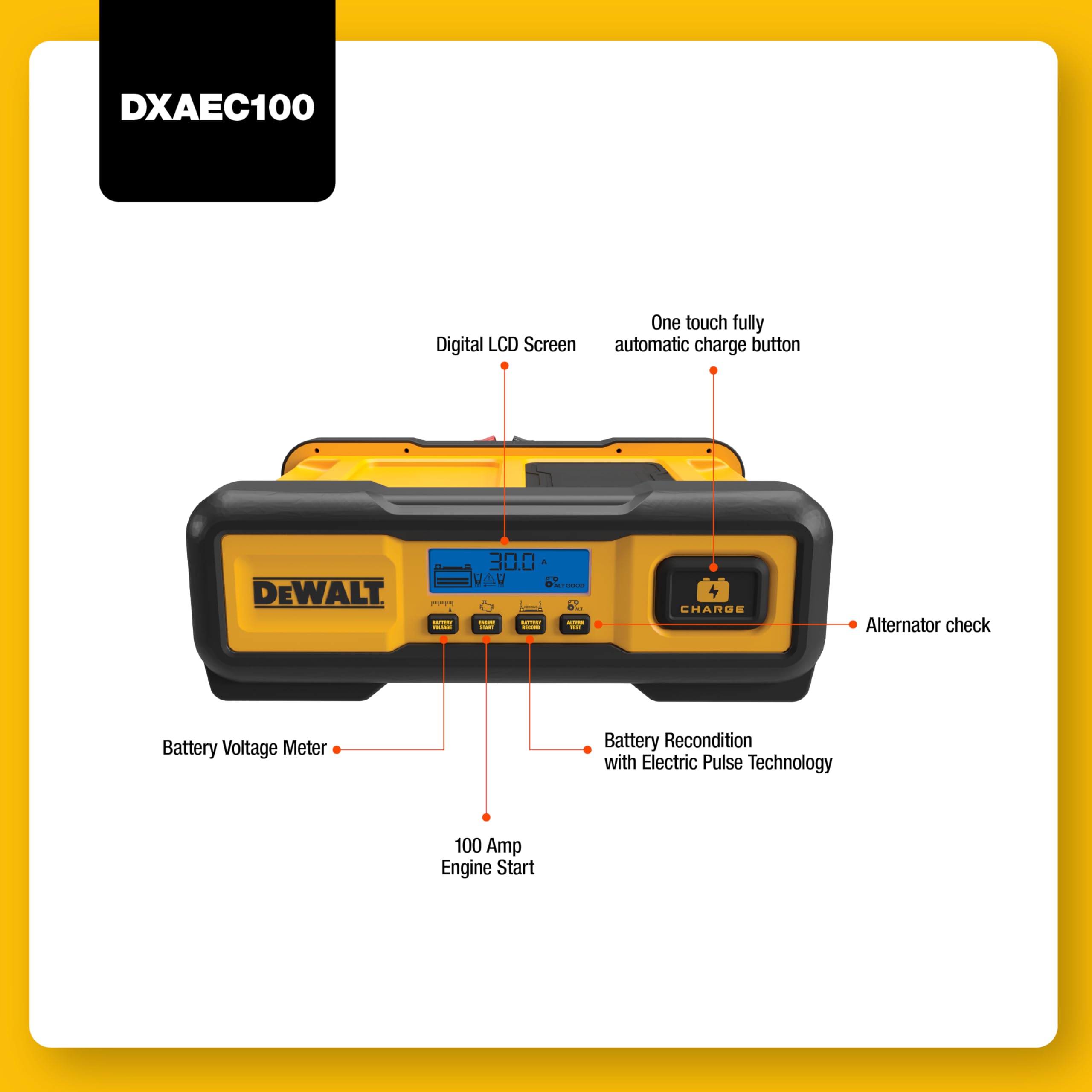DEWALT DXAEC100 30-Amp Battery Charger & 3-Amp Maintainer, Yellow, Engine Start