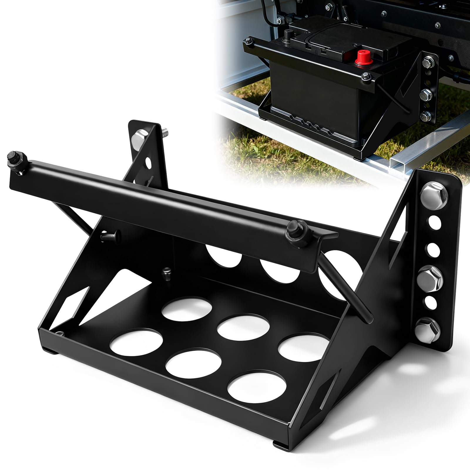 Metal Steel Bolt-in Battery Mounting Tray Bracket for Car Truck Boat RV Trailer Fits up to 10.63x7.06x7.5Battery, Anti-Rust Corr