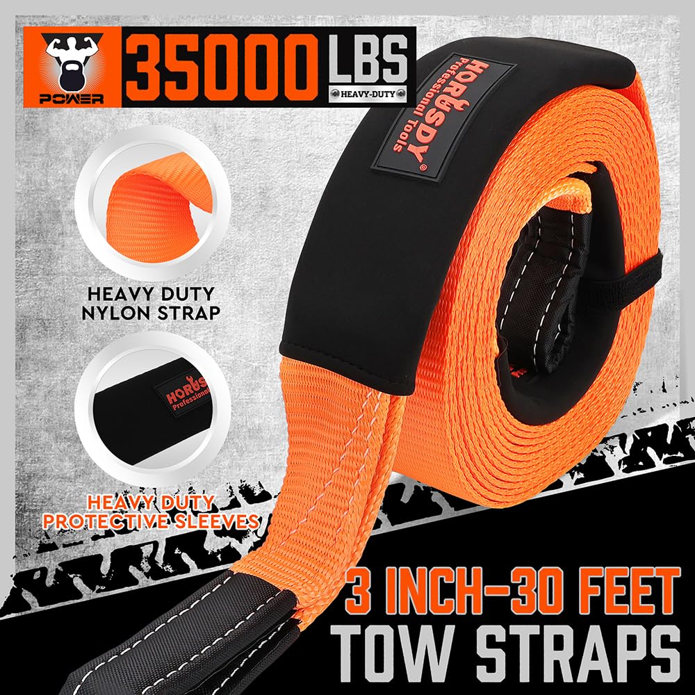 HORUSDY 3" x 30Ft Nylon Heavy Duty Tow Strap Recovery Kit - 35,000 LBS Break Strength with Hooks & D Ring Shackles, Model 88021
