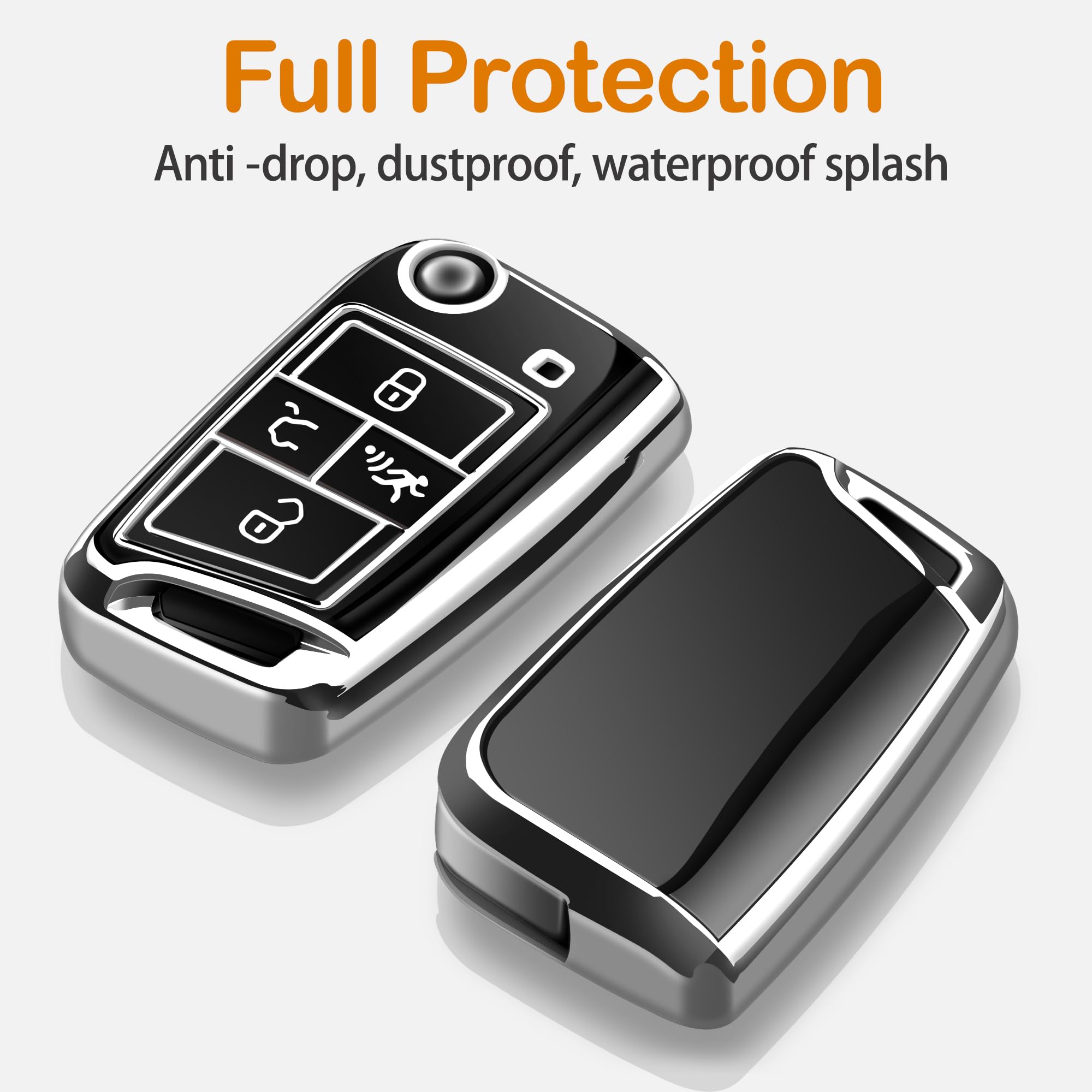 Sindeda For Volkswagen Key Fob Cover With Keychain Soft Full Protection Key Shell Key Case Compatible With Vw Tiguan Golf Jetta Polo Atlas Skoda (Silver)