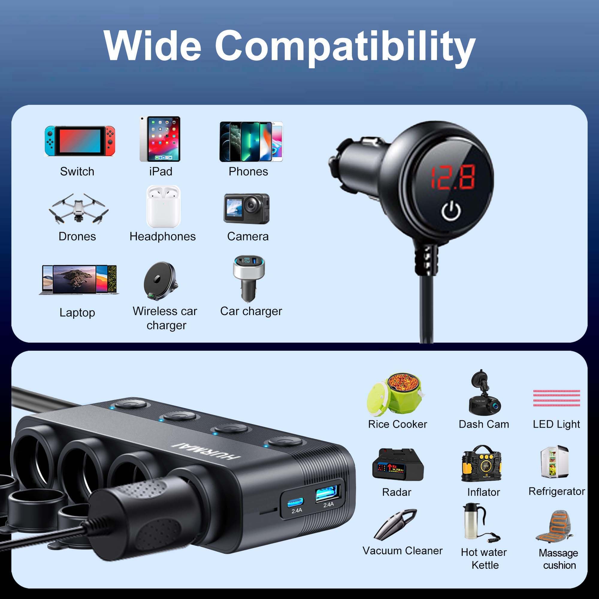 Cigarette Lighter Splitter 216W 4 Socket Car Cigarette Lighter Adapter Heavy Duty Truck Car USB Chager Multi Port USB C 12V/24V