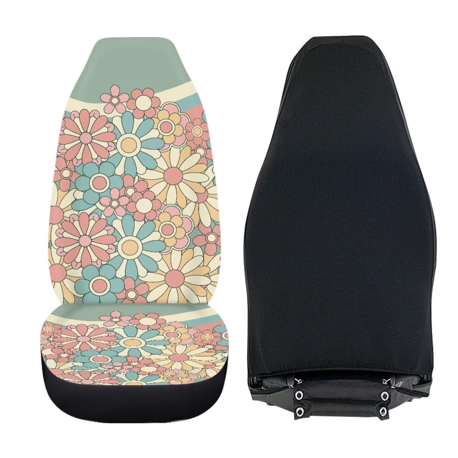 Fuibeng Abstract 70S Groovy Flower Auto Seat Cover Set For Women,Green Swirl Wavy Auto Front Seat Cushion Protective Accessories