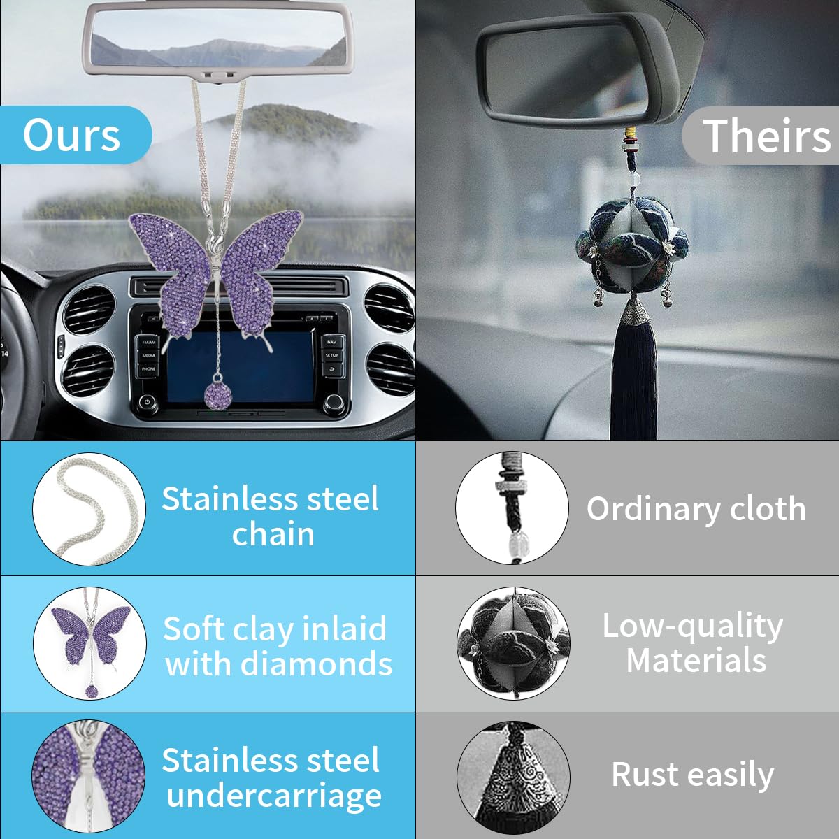 Bling Butterfly Diamond Car Hanging Accessories, Crystal Butterfly Rear View Mirror Luck Car Decoration Accessories For Women, V