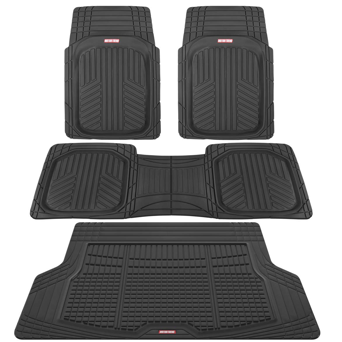 Motor Trend FlexTough Black Floor Mats for Cars & Cargo Mat Full Set - All Weather Front & Rear Rubber Automotive Floor Mats & C