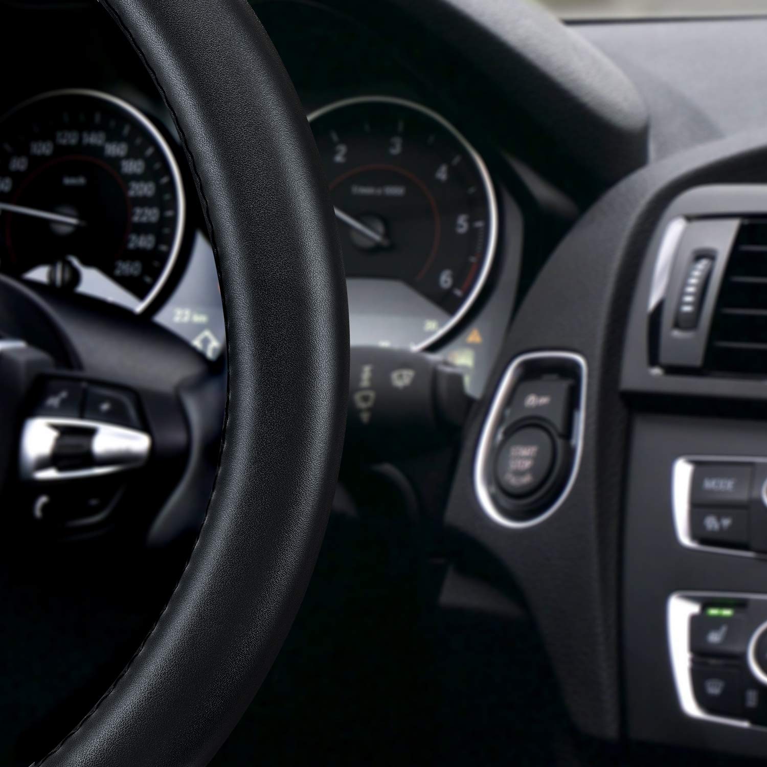 HAOKAY Heavy Duty Leather Steering Wheel Cover, Universal 14.5-15 Inch, Black, Model AH-001