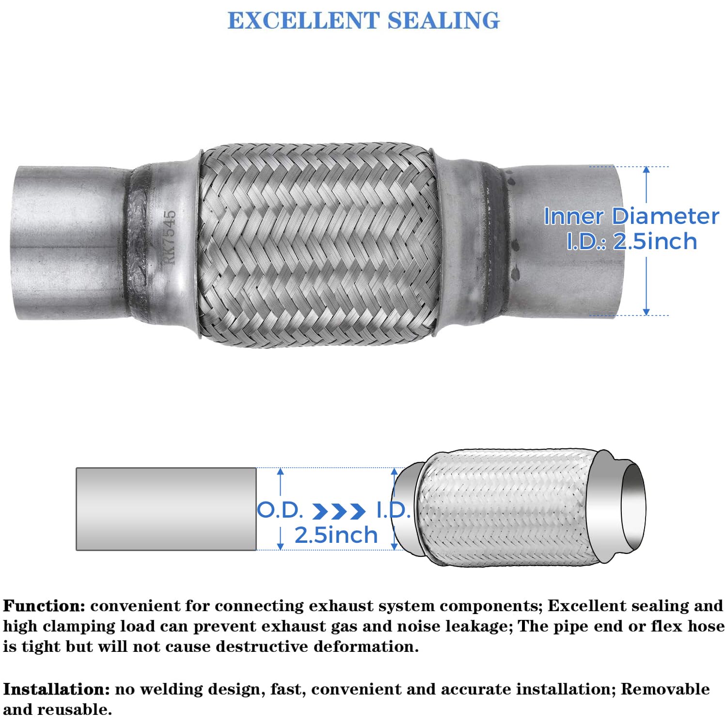 Rp Remarkable Power, 2 Pack 2.5 Inch Inlet Exhaust Flex Pipe,2.5 Id X 10 Length Flexible Tube,Stainless Steel Double Braid Heavy