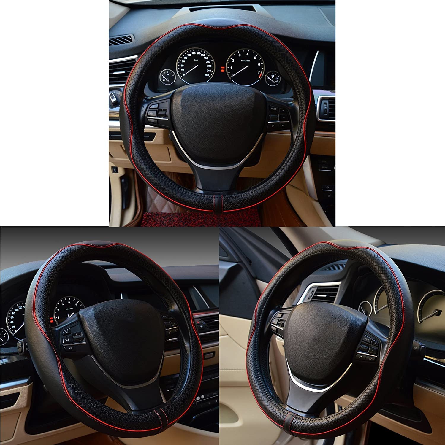 Rsept Car Steering Wheel Cover, Leather, Anti-Slip, Heavy Duty, Sports Style, Black with Red Line, Model 131