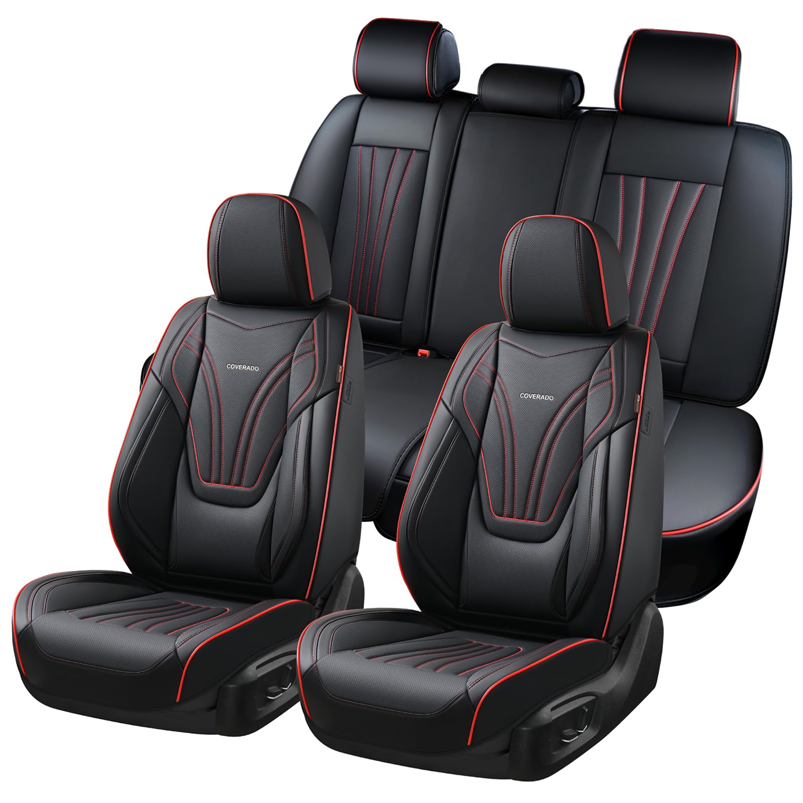 Coverado Car Seat Covers Full Set, 5 Piece Car Seat Protector With Lumbar Support & Removable Headrest, Breathable Leather Front